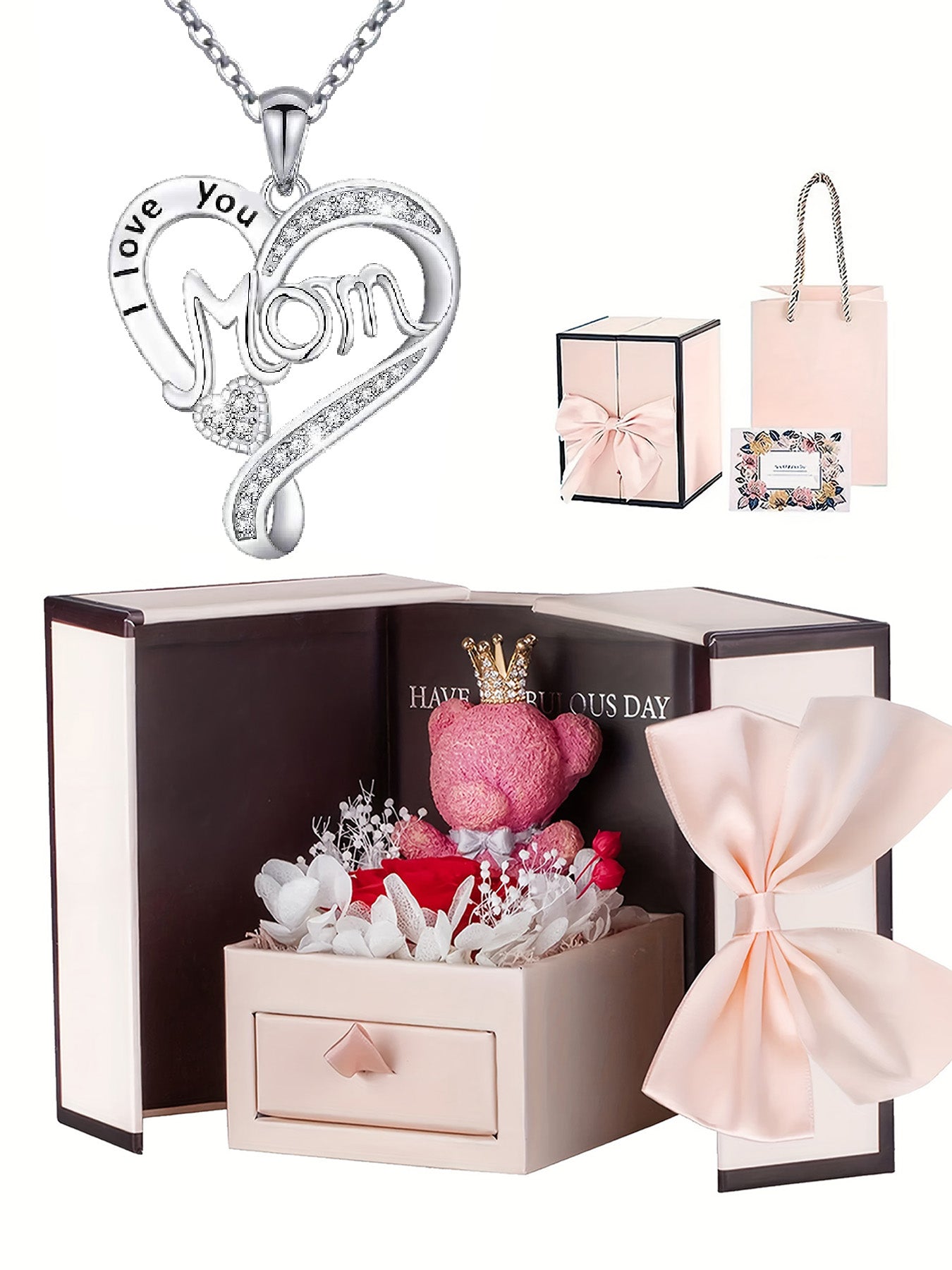 mom unique double heart necklace with romantic rose bear gift box, women's pendant necklace, women's jewelry gifts, mother's day women's necklace, anniversary gifts for mom and grandma, mother's day gifts, party fashion jewelry, mom women's necklace, anni