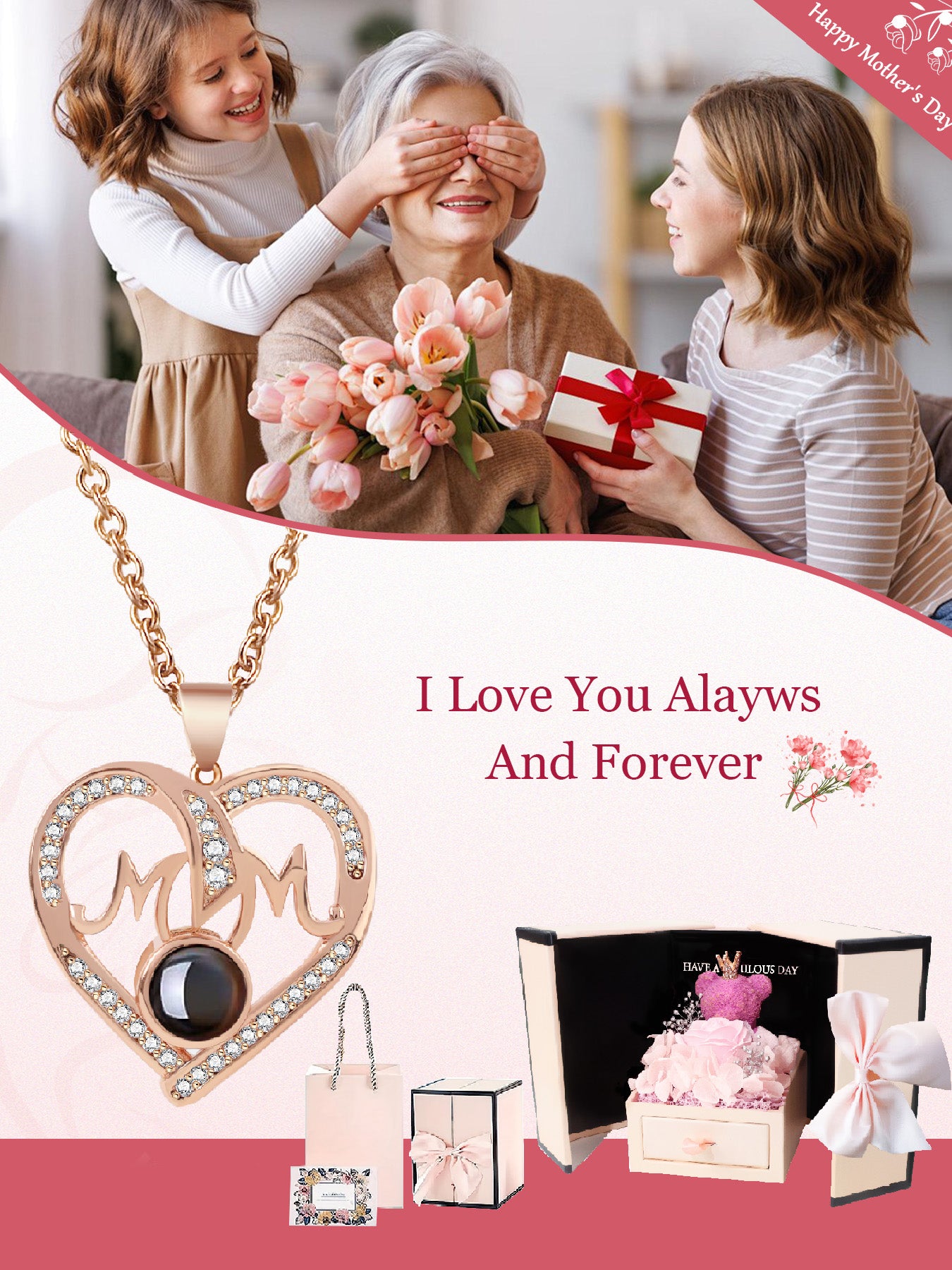Simple love mom style projection necklace with one hundred languages matched with rose bear gift box, anniversary gift for mom and grandma, Mother's Day gift, daily holiday gift, gift for mom and wife, women's jewelry gift, Valentine's Day, Christmas,