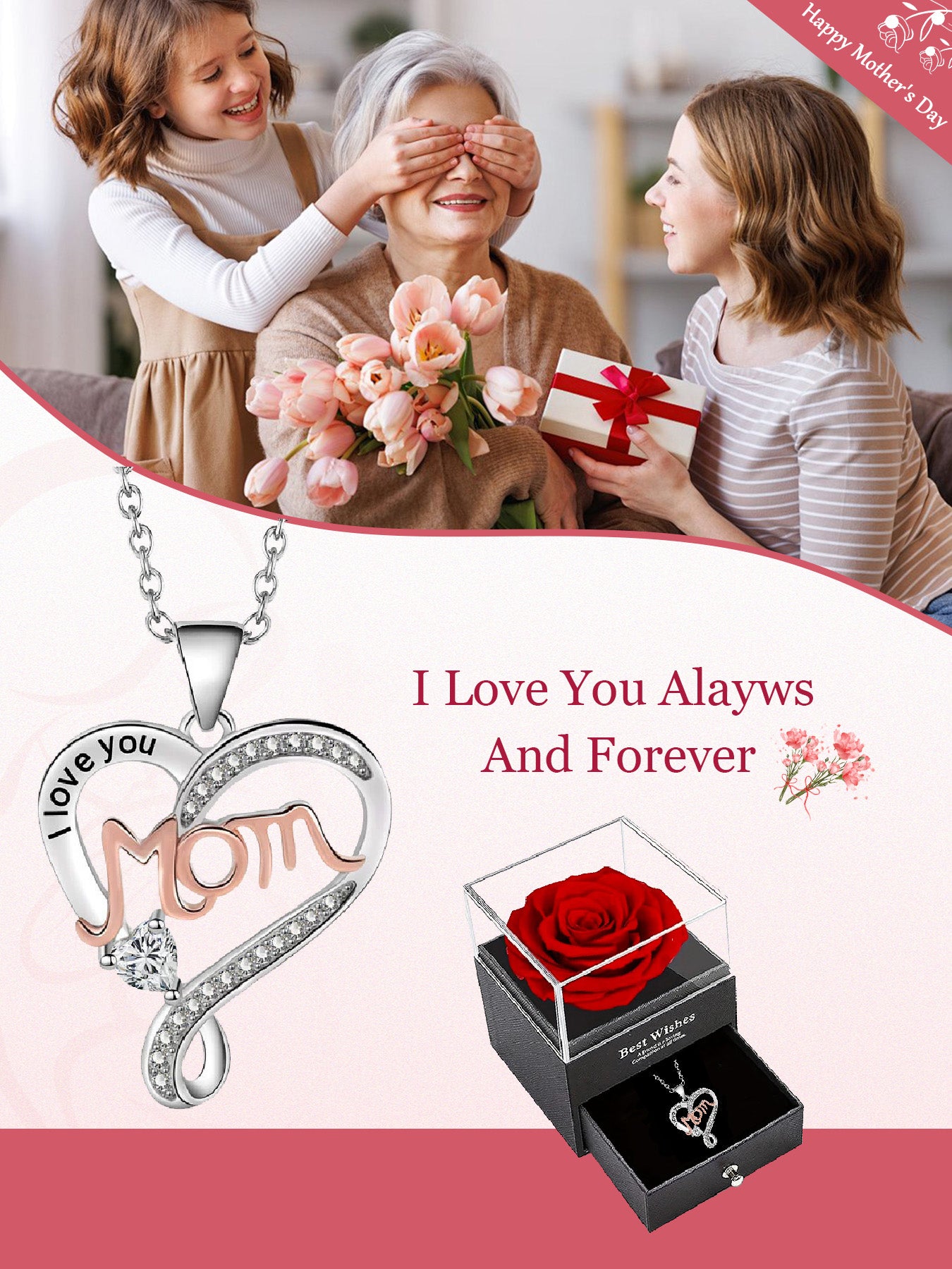 Double heart necklace mom style with eternal rose gift box, women's pendant necklace, women's jewelry gift, mother's day women's necklace, anniversary gift for mom and grandma, mother's day gift, party fashion jewelry, mom women's necklace, anniversary gi