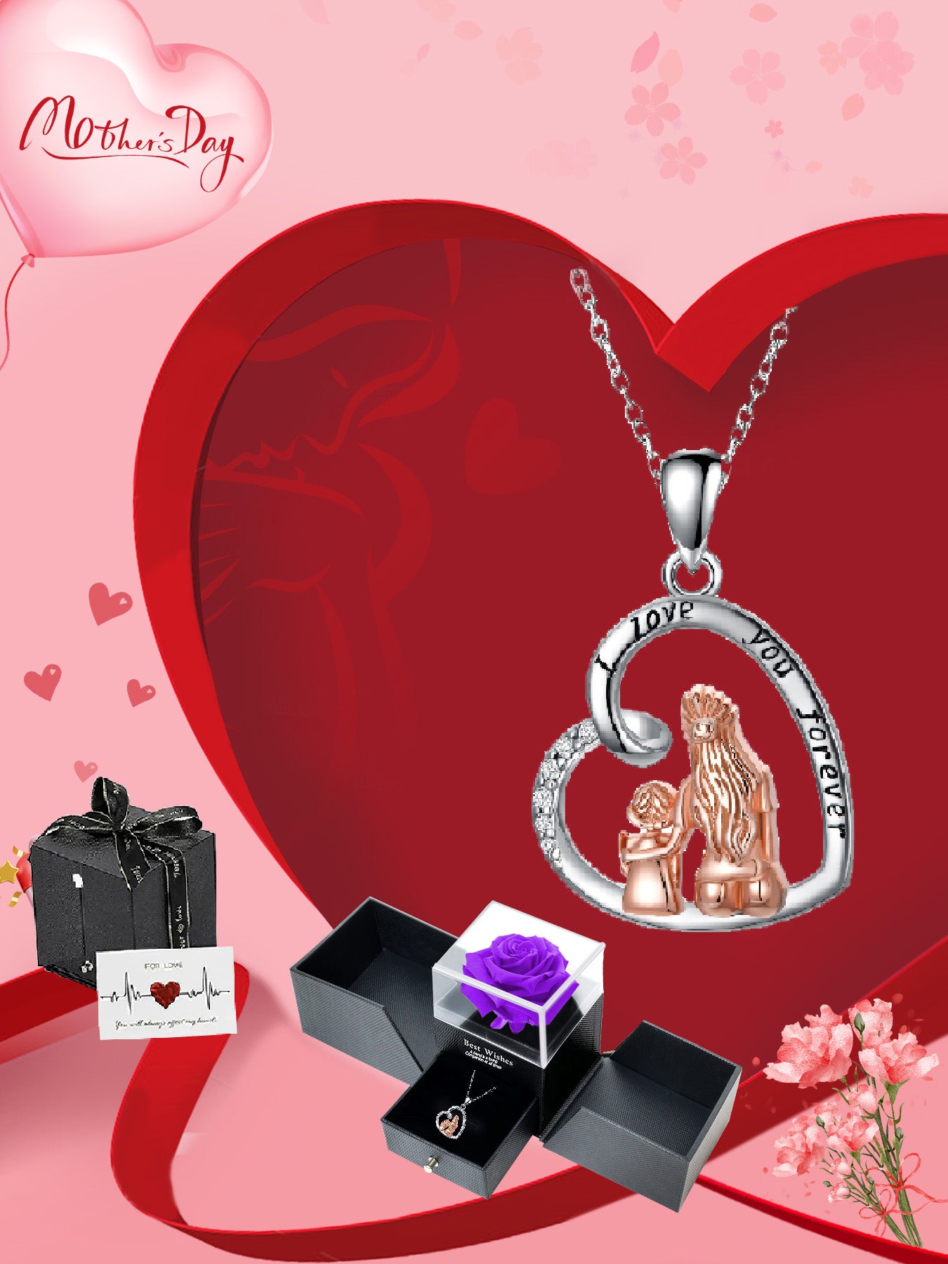 Personalized design heart-shaped necklace with double door rose gift box, women's pendant necklace, women's necklace for Mother's Day, anniversary gift for mom and grandma, Mother's Day gift, party fashion jewelry, mother's necklace, anniversary gift, wom