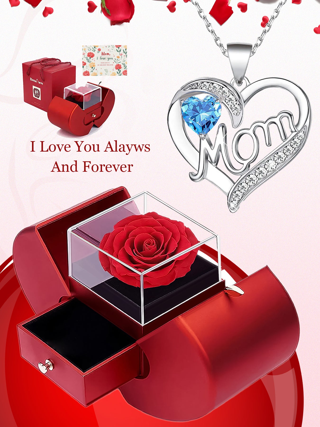 Fashionable design double heart love pendant necklace with apple rose gift box, women's mother necklace, women's rose gift box necklace, Mother's Day gift, holiday gift for mother and grandmother, gift for wife, Mother's Day gift for mother, jewelry birth