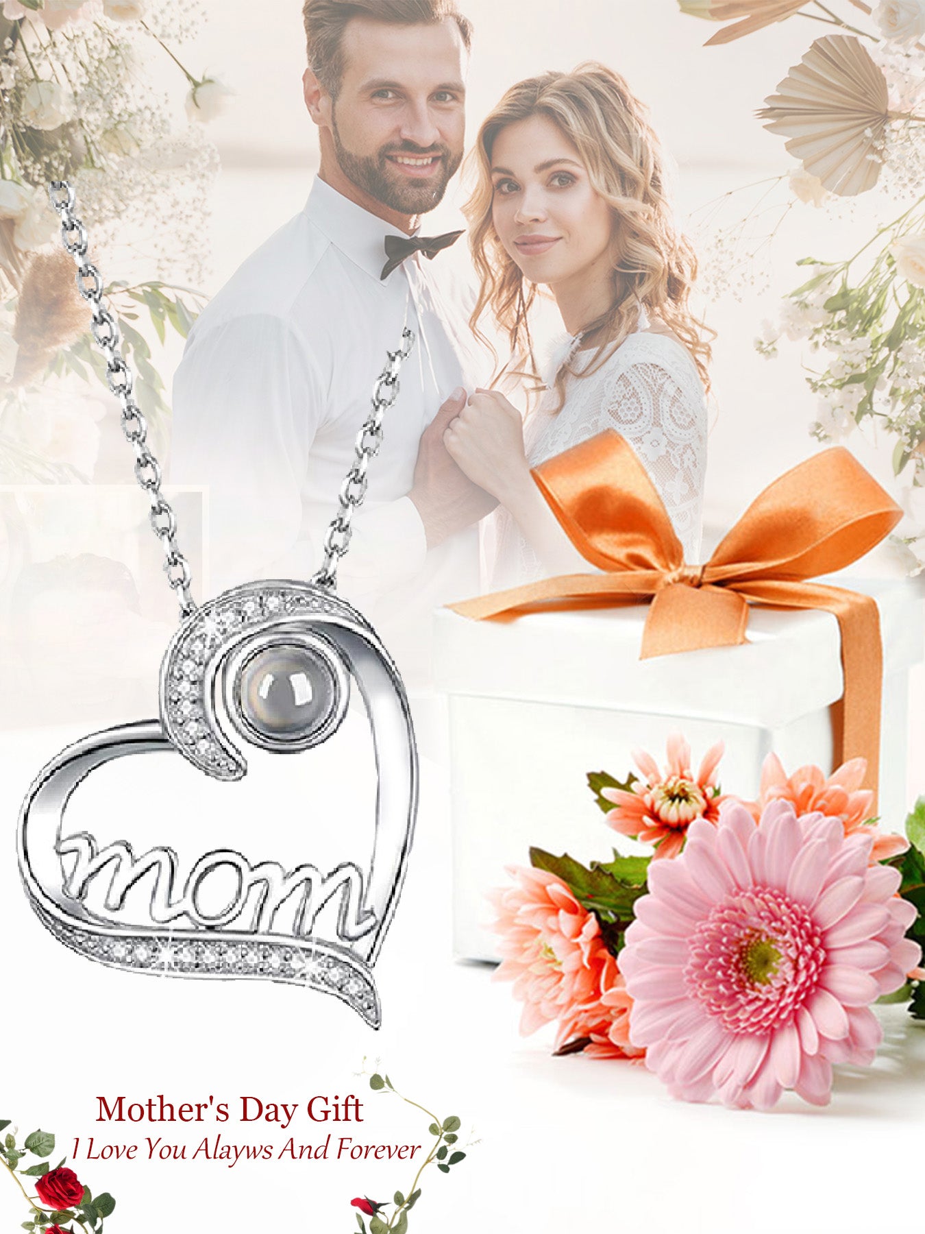 Love projection necklace in one hundred languages with bear rose gift box, women's mother mother and daughter necklace, Mother's Day gift, holiday gift for mother and grandmother, anniversary gift, gift for wife, Mother's Day gift for mother, birthday g