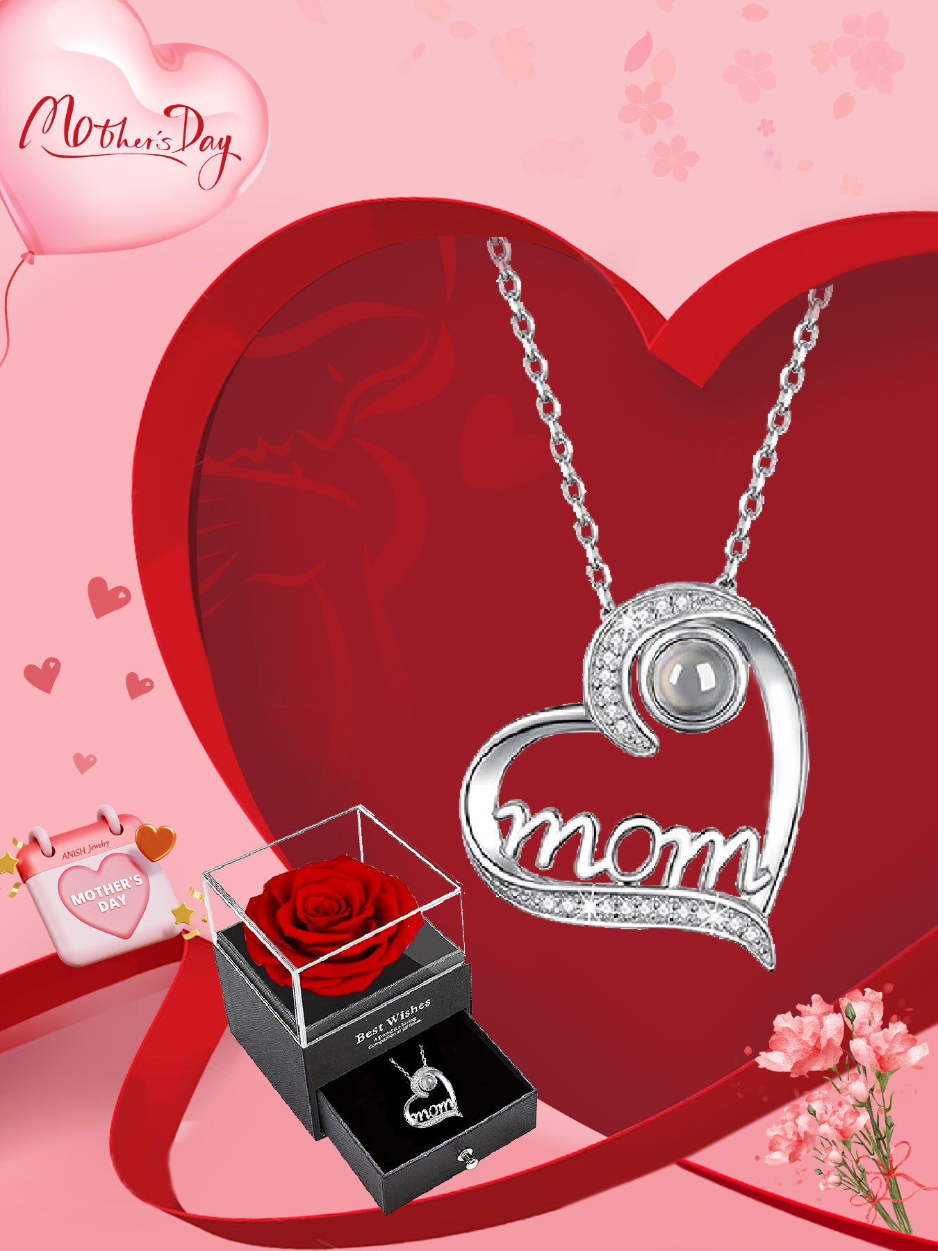 Heart-shaped projection necklace in one hundred languages with exquisite gift box, women's mother necklace, Mother's Day gift, holiday gift for mother and grandmother, anniversary gift, gift for wife, Mother's Day gift for mother, birthday gift for wome