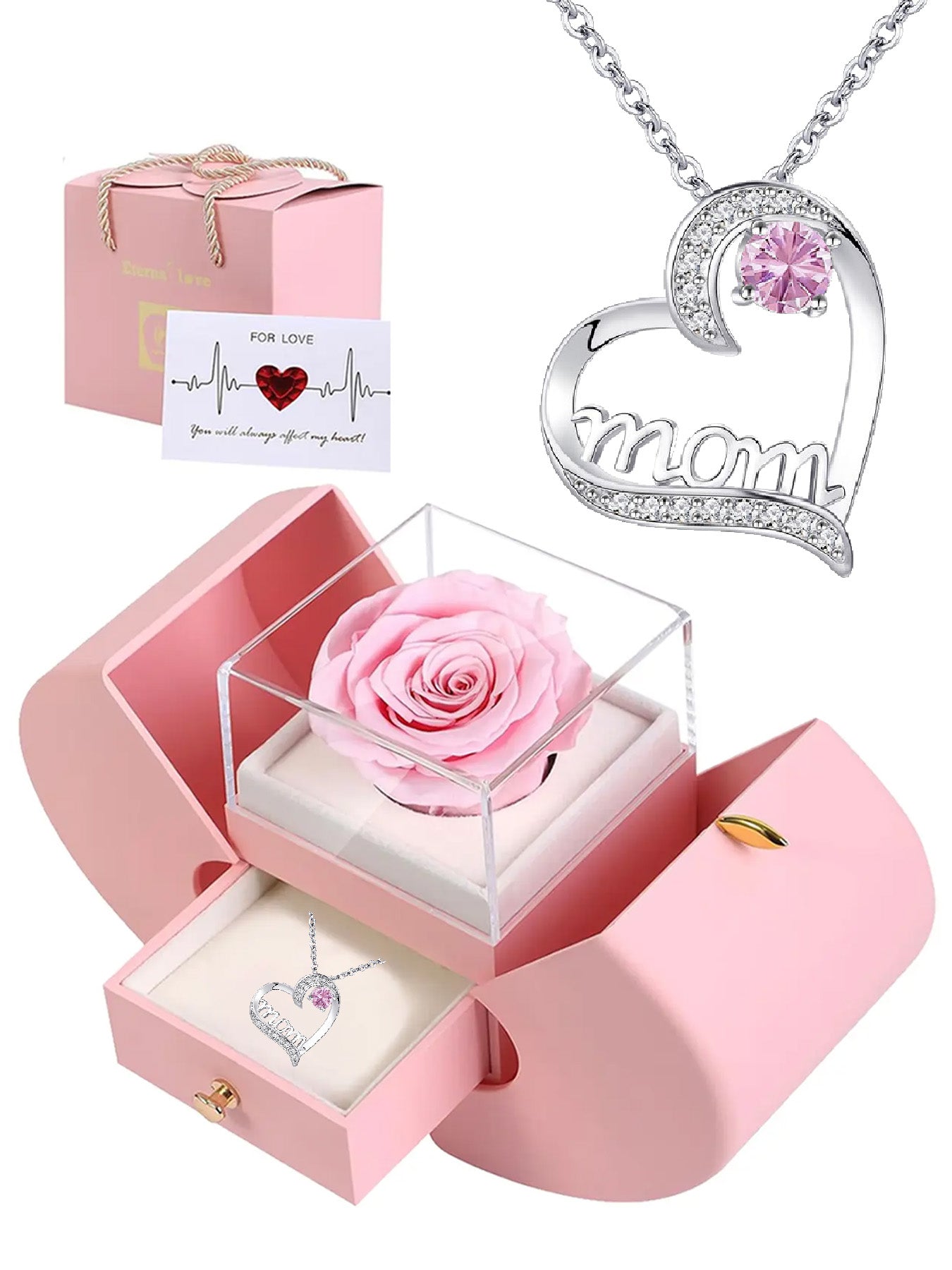 Heart-shaped women's pendant necklace with rose apple gift box, Mother's Day gift for mom, wedding anniversary gift for wife, romantic women's holiday gift, anniversary gift for mom and grandma, female holiday gift