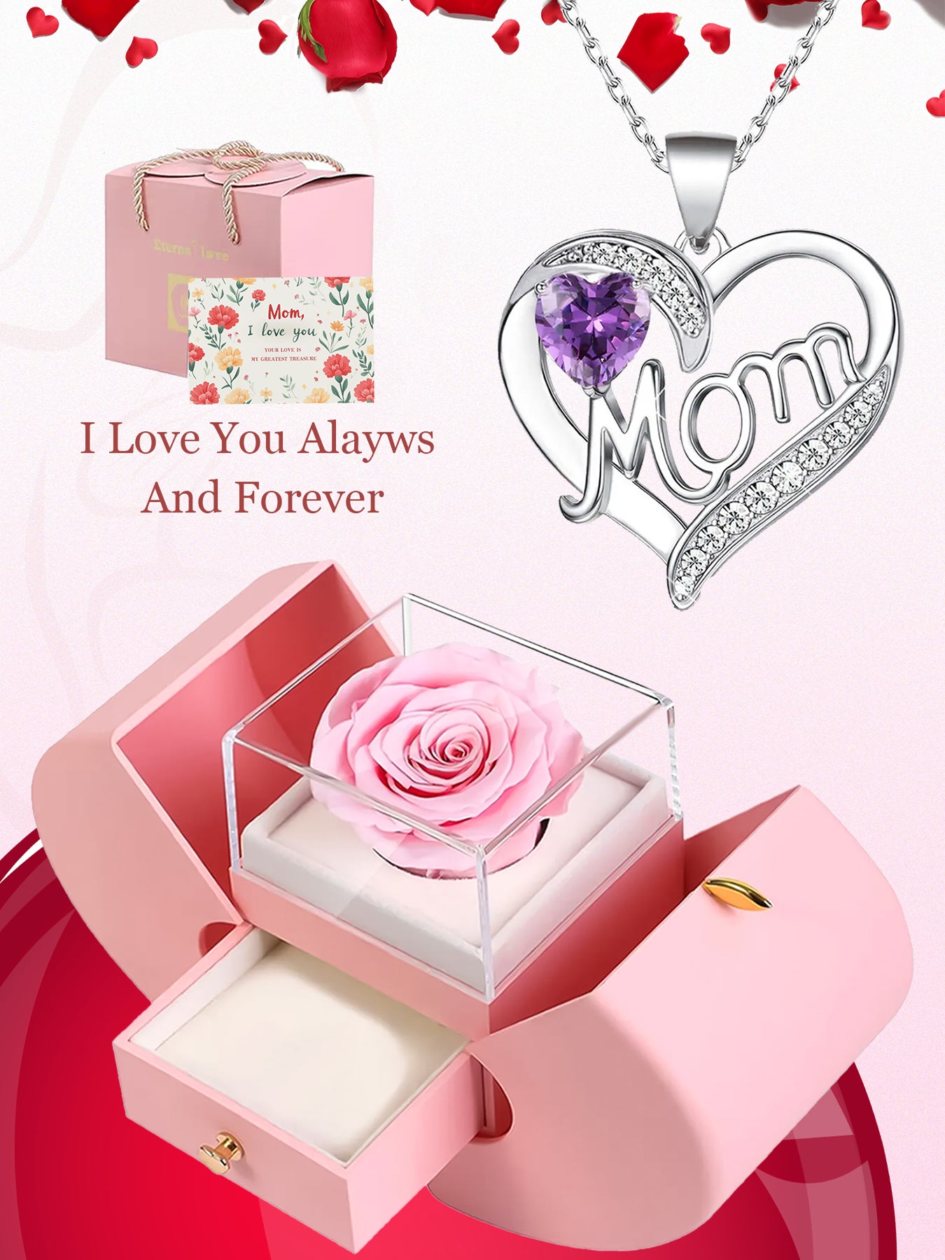 Fashionable design double heart love pendant necklace with apple rose gift box, women's mother necklace, women's rose gift box necklace, Mother's Day gift, holiday gift for mother and grandmother, gift for wife, Mother's Day gift for mother, jewelry birth