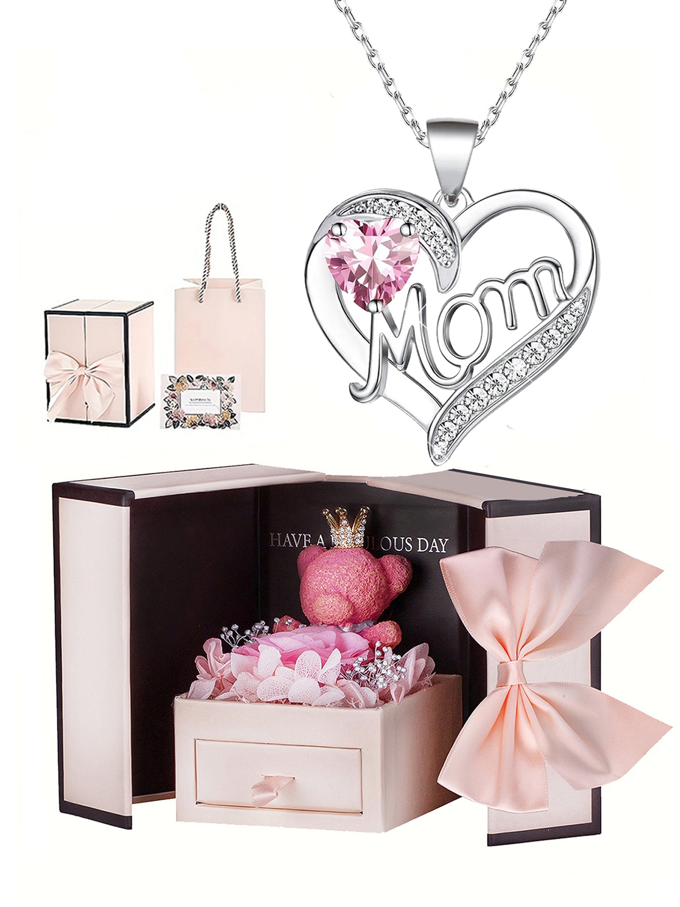 Unique double heart love pendant necklace with bear rose gift box, women's mother necklace, women's rose gift box necklace, Mother's Day gift, holiday gift for mother and grandmother, gift for wife, Mother's Day gift for mother, jewelry birthday gift for