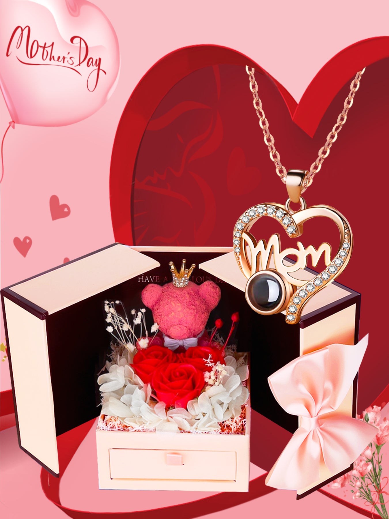 Mother's Day Gift Rose Bear Gift Box Set Gifts for Mom from Son and Daughter 100 I Love You Projection Necklace Mom Necklace Love Pendant Christmas Gift Mother's Day Valentine's Day
