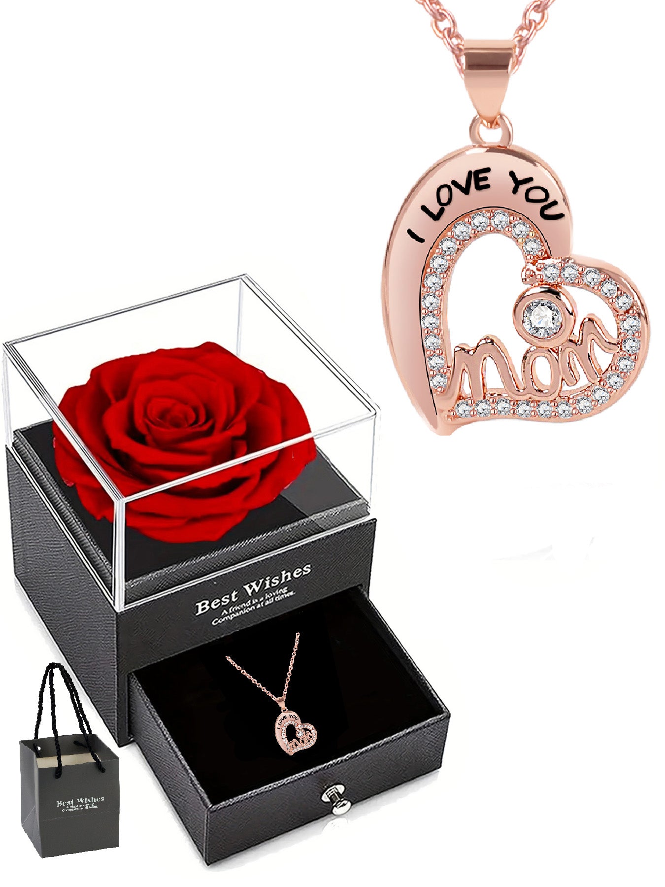 Unique love pendant necklace design with romantic rose gift box, mother's holiday gift, mother women's necklace, women's holiday gift, party fashion jewelry, Valentine's Day Thanksgiving anniversary gift, women's jewelry gift, gift for girlfriend mother w