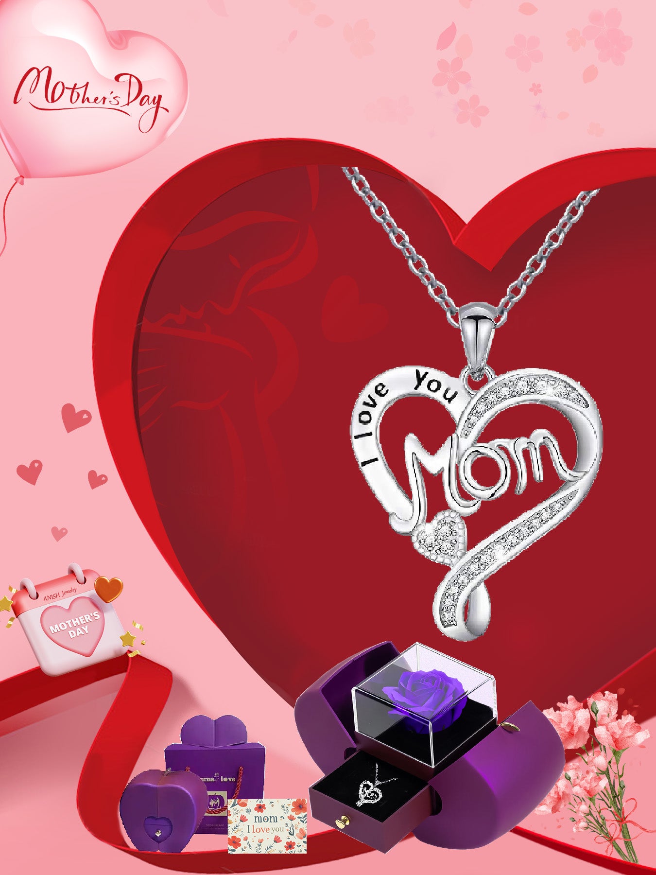Hollow design double heart necklace mom style with romantic rose apple gift box, women's jewelry gift, mother's day women's necklace, anniversary gift for mom and grandma, mother's day gift, party fashion jewelry, mom women's necklace, anniversary gift fo