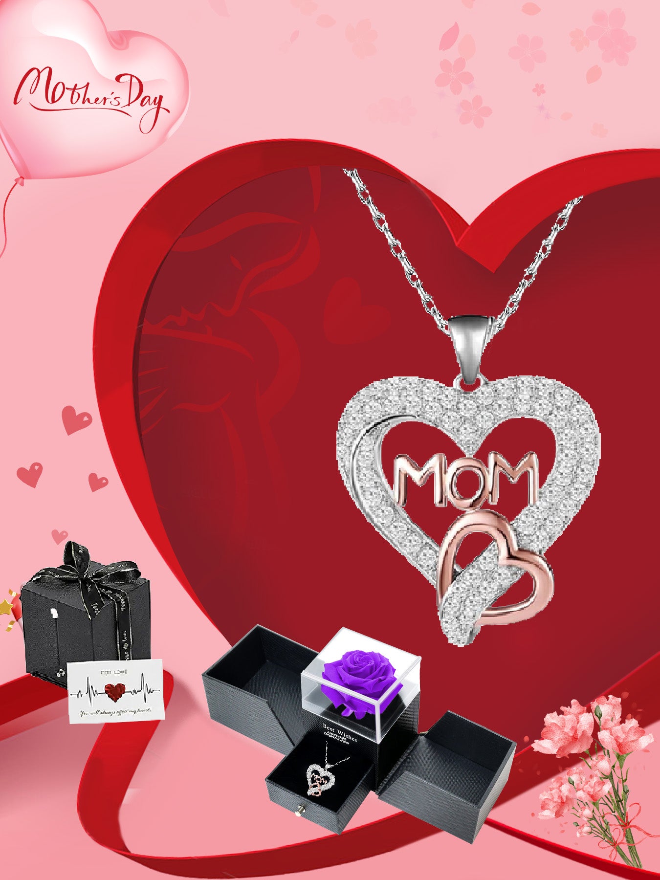 Romantic double heart necklace with double door rose gift box, holiday gift for mom, grandma, grandmother, holiday gift for family on Mother's Day, daily holiday gift, Christmas, Thanksgiving, Valentine's Day, anniversary gift, women's necklace, women's j