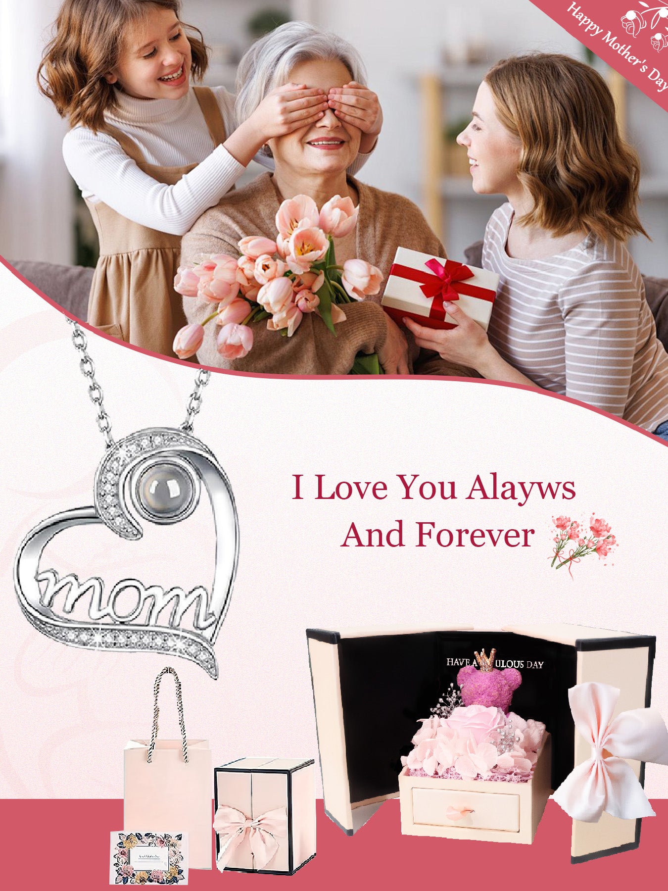 Love projection necklace in one hundred languages with bear rose gift box, women's mother mother and daughter necklace, Mother's Day gift, holiday gift for mother and grandmother, anniversary gift, gift for wife, Mother's Day gift for mother, birthday g