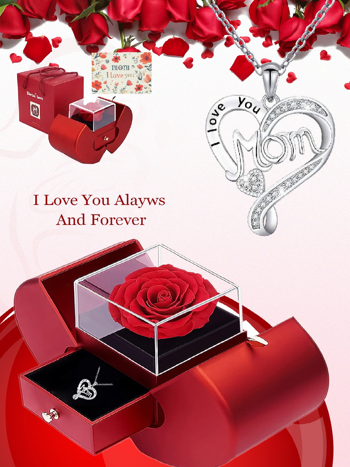 Hollow design double heart necklace mom style with romantic rose apple gift box, women's jewelry gift, mother's day women's necklace, anniversary gift for mom and grandma, mother's day gift, party fashion jewelry, mom women's necklace, anniversary gift fo