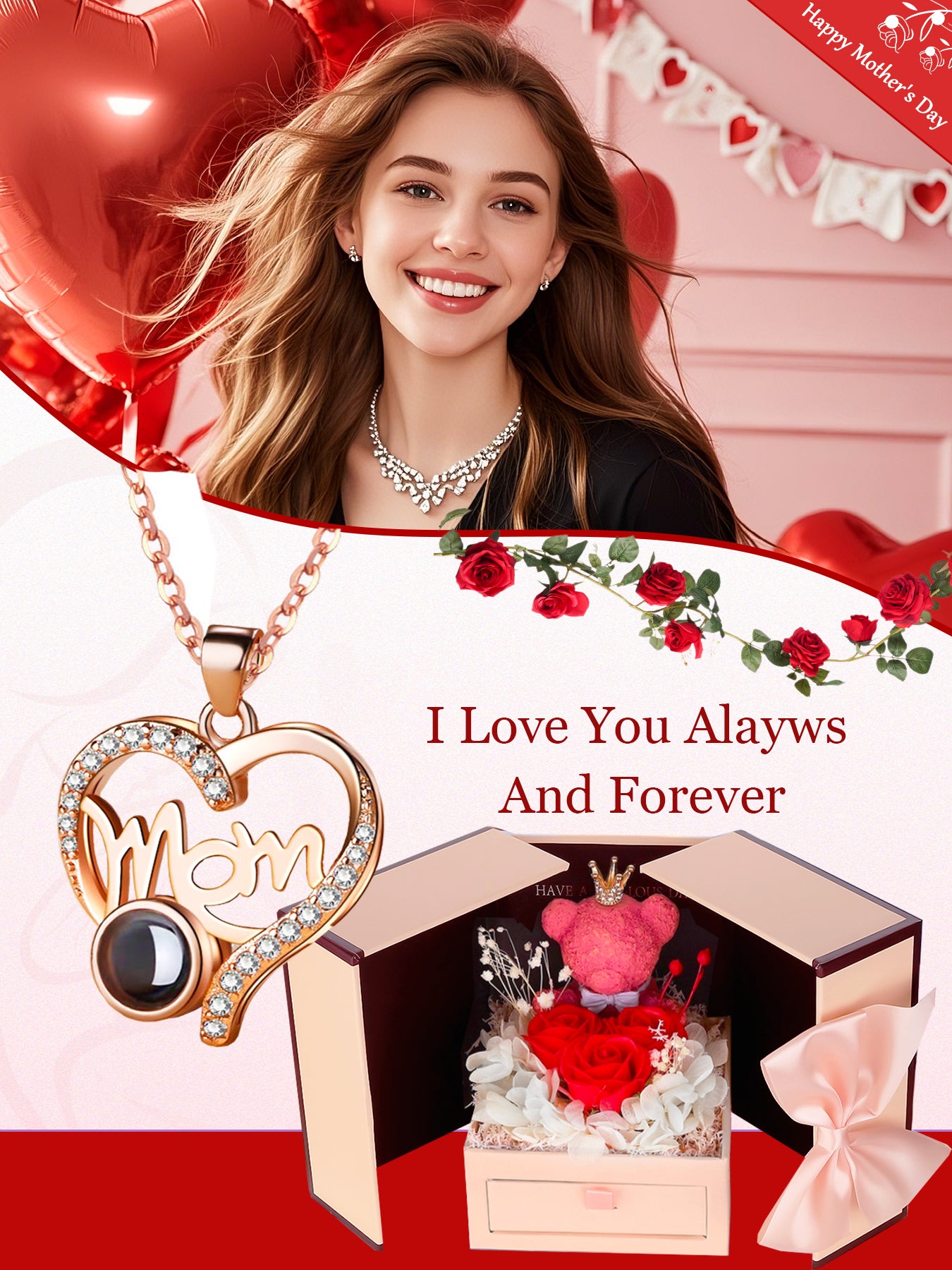Mother's Day Gift Rose Bear Gift Box Set Gifts for Mom from Son and Daughter 100 I Love You Projection Necklace Mom Necklace Love Pendant Christmas Gift Mother's Day Valentine's Day