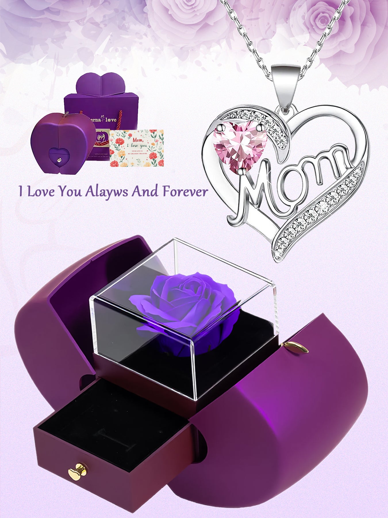 Fashionable design double heart love pendant necklace with apple rose gift box, women's mother necklace, women's rose gift box necklace, Mother's Day gift, holiday gift for mother and grandmother, gift for wife, Mother's Day gift for mother, jewelry birth