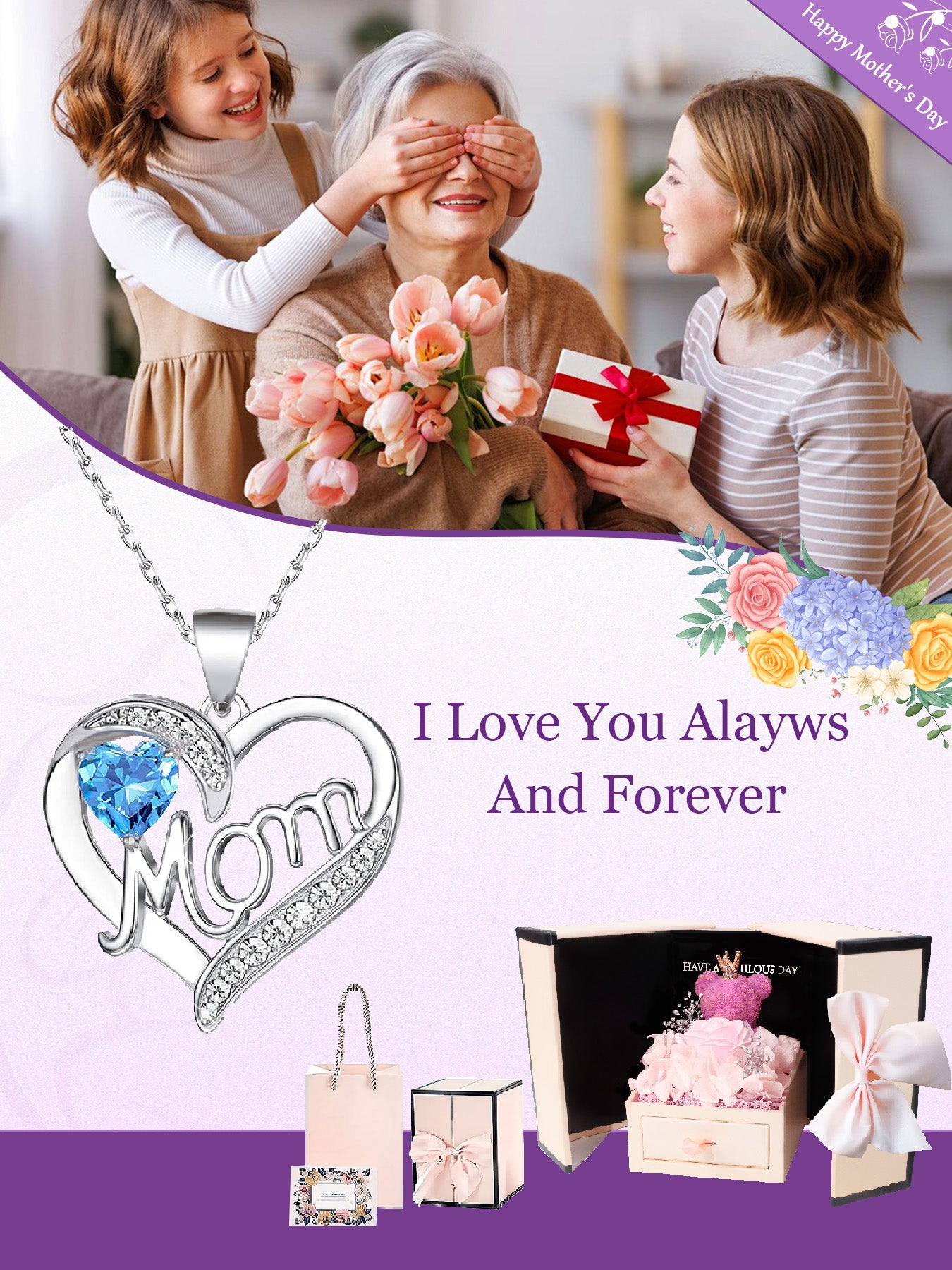 Unique double heart love pendant necklace with bear rose gift box, women's mother necklace, women's rose gift box necklace, Mother's Day gift, holiday gift for mother and grandmother, gift for wife, Mother's Day gift for mother, jewelry birthday gift for