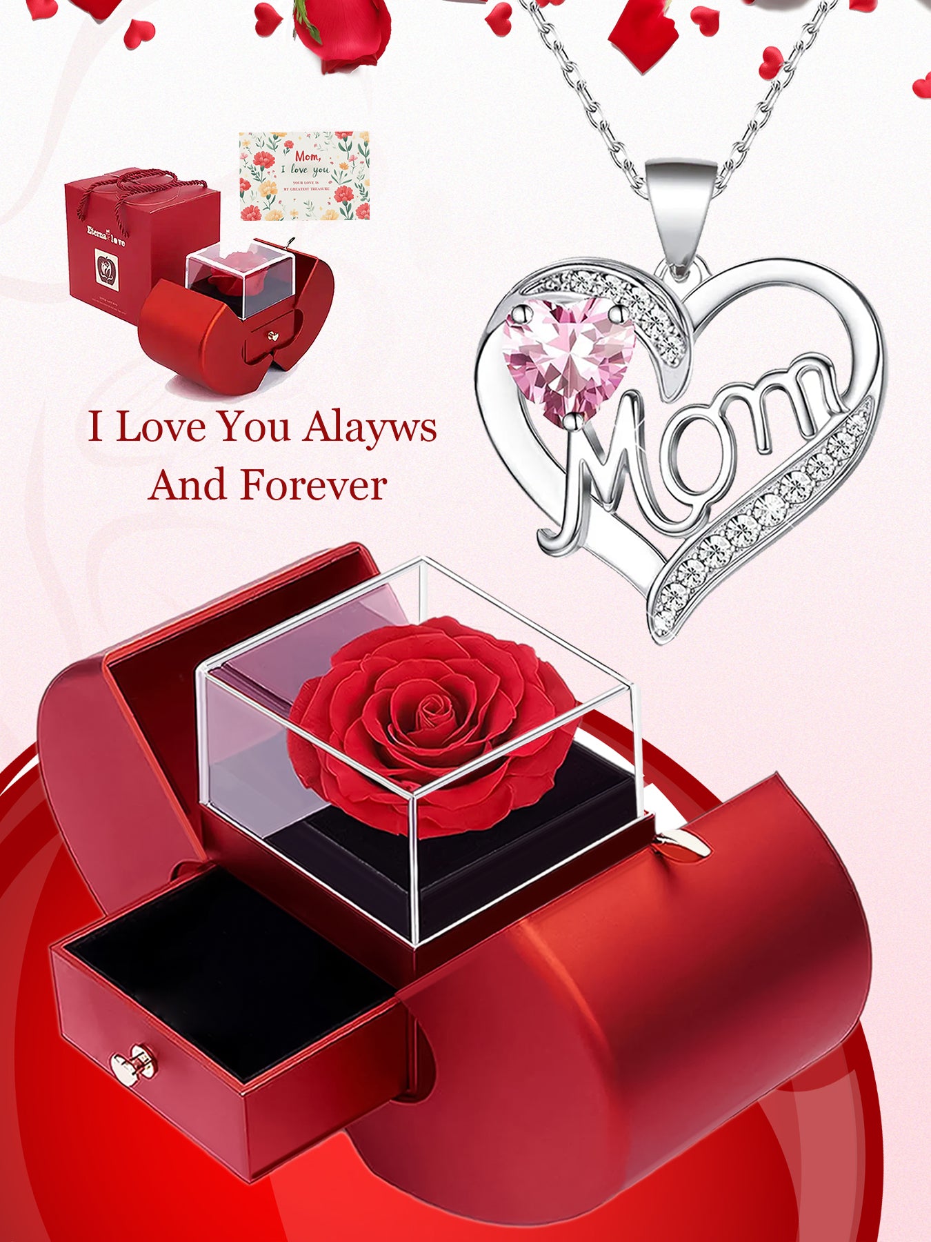 Fashionable design double heart love pendant necklace with apple rose gift box, women's mother necklace, women's rose gift box necklace, Mother's Day gift, holiday gift for mother and grandmother, gift for wife, Mother's Day gift for mother, jewelry birth