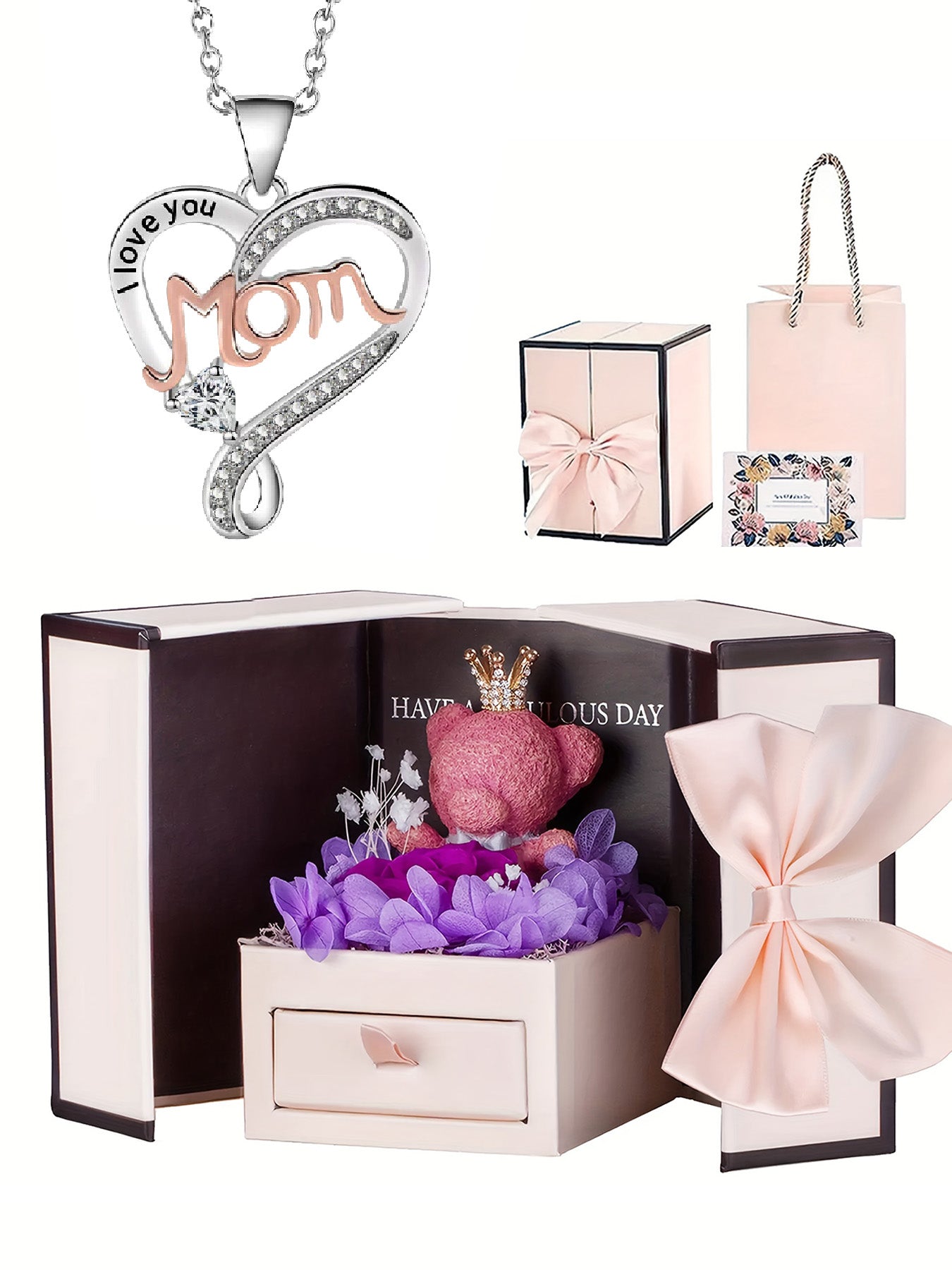 mom unique double heart necklace with romantic rose bear gift box, women's pendant necklace, women's jewelry gifts, mother's day women's necklace, anniversary gifts for mom and grandma, mother's day gifts, party fashion jewelry, mom women's necklace, anni