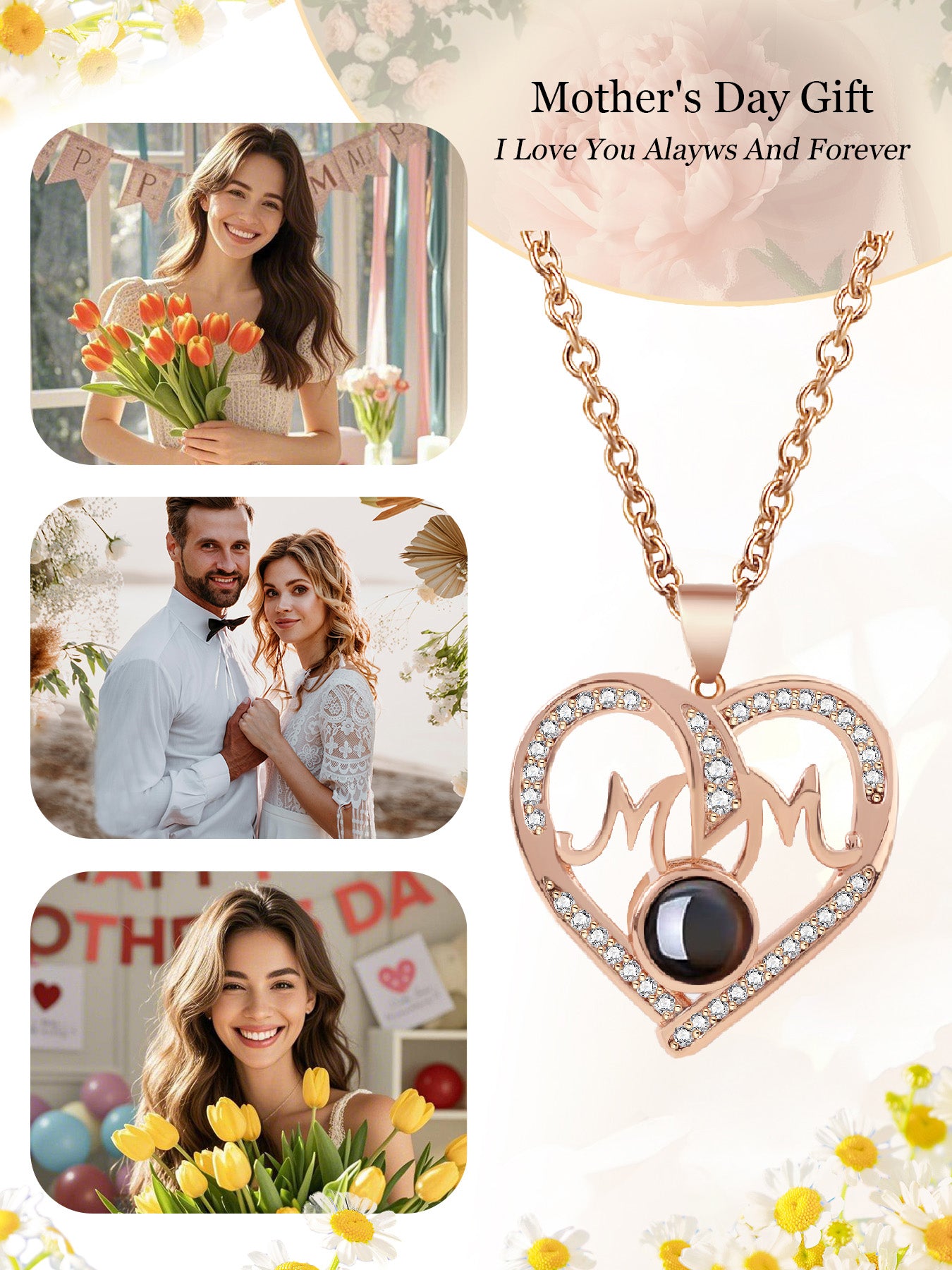 Love unique mom style projection necklace with one hundred languages matched with apple rose gift box, anniversary gift for mom and grandma, Mother's Day gift, daily holiday gift, gift for mom and wife, women's jewelry gift, Valentine's Day Christmas