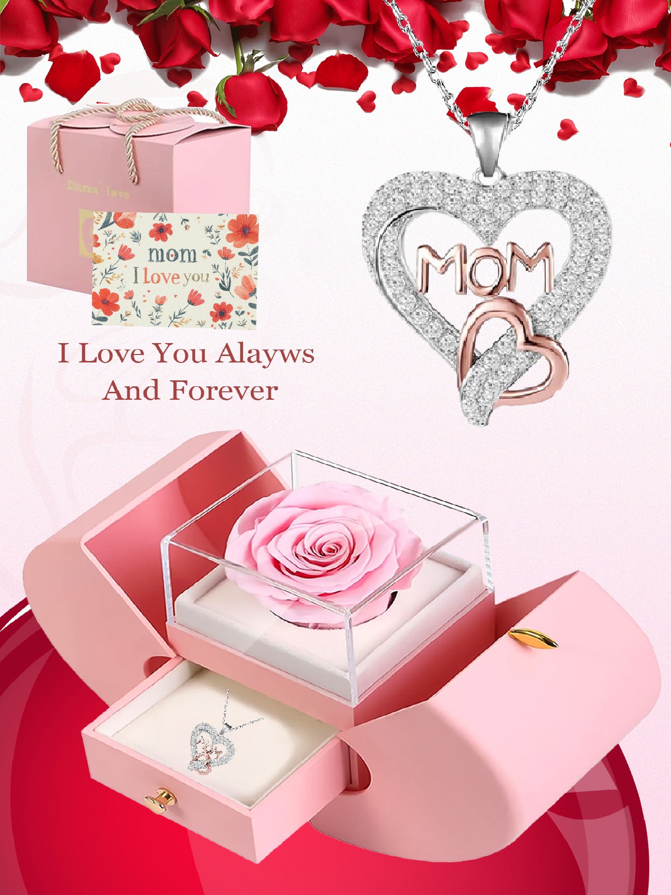 Design double heart necklace with apple rose gift box, holiday gift for mom, grandma, grandmother, holiday gift for family on Mother's Day, daily holiday gift, Christmas, Thanksgiving, Valentine's Day, anniversary gift, women's necklace, women's jewelry g