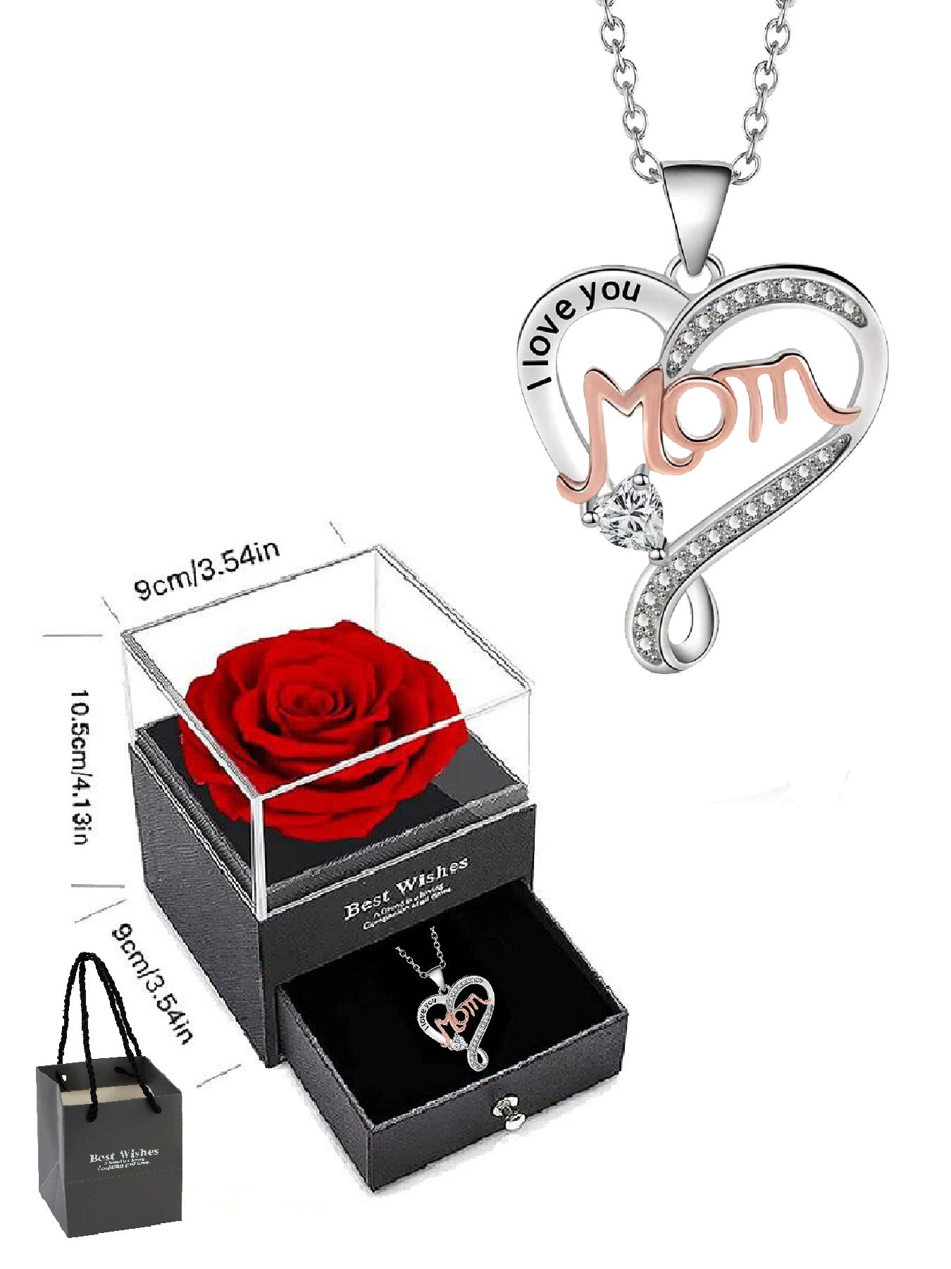 Double heart necklace mom style with eternal rose gift box, women's pendant necklace, women's jewelry gift, mother's day women's necklace, anniversary gift for mom and grandma, mother's day gift, party fashion jewelry, mom women's necklace, anniversary gi