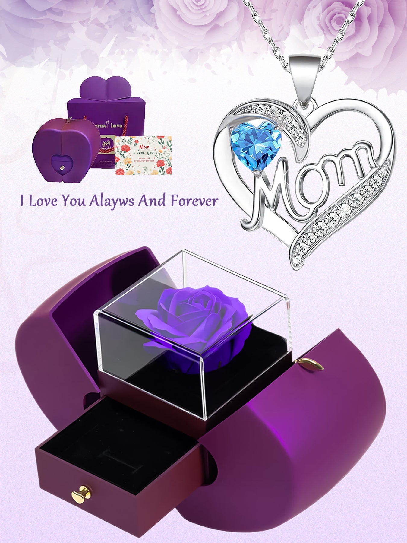 Fashionable design double heart love pendant necklace with apple rose gift box, women's mother necklace, women's rose gift box necklace, Mother's Day gift, holiday gift for mother and grandmother, gift for wife, Mother's Day gift for mother, jewelry birth