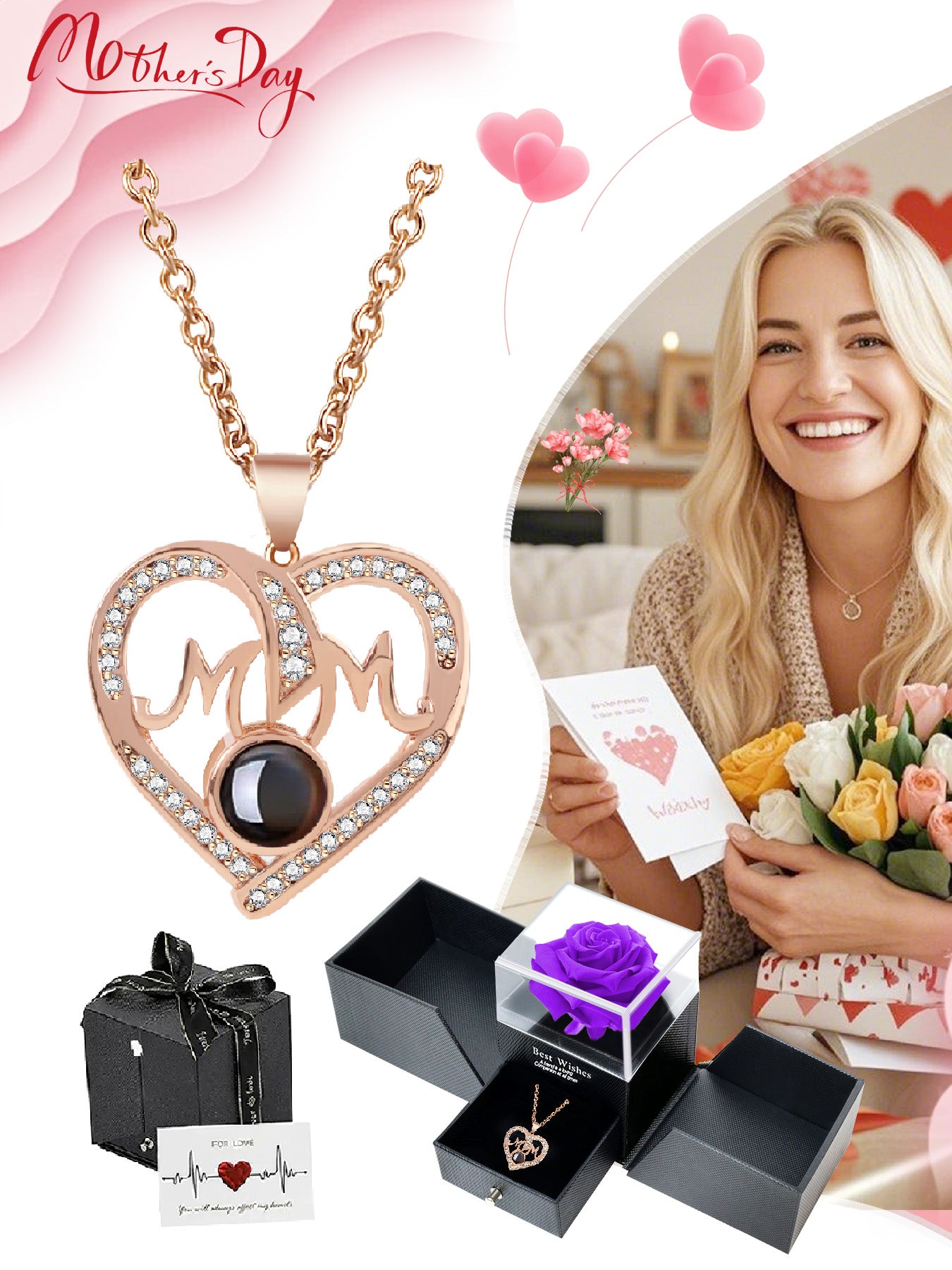 Simple love mom projection necklace with double door rose gift box, anniversary gift for mom and grandma, Mother's Day gift, daily holiday gift, gift for mom and wife, Valentine's Day, Christmas, Thanksgiving, anniversary gift, women's necklace, women's j