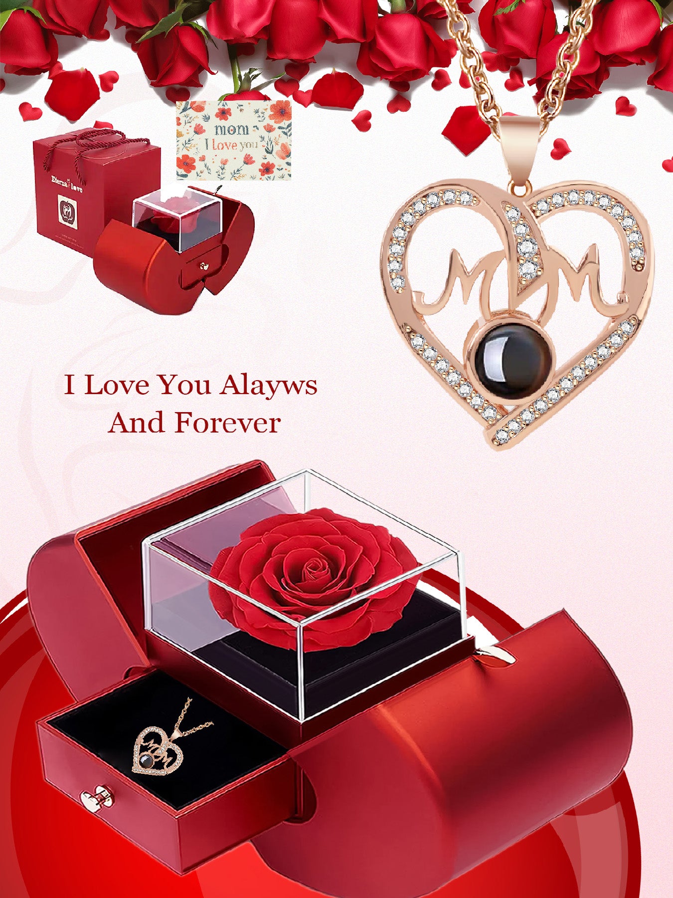 Love unique mom style projection necklace with one hundred languages matched with apple rose gift box, anniversary gift for mom and grandma, Mother's Day gift, daily holiday gift, gift for mom and wife, women's jewelry gift, Valentine's Day Christmas