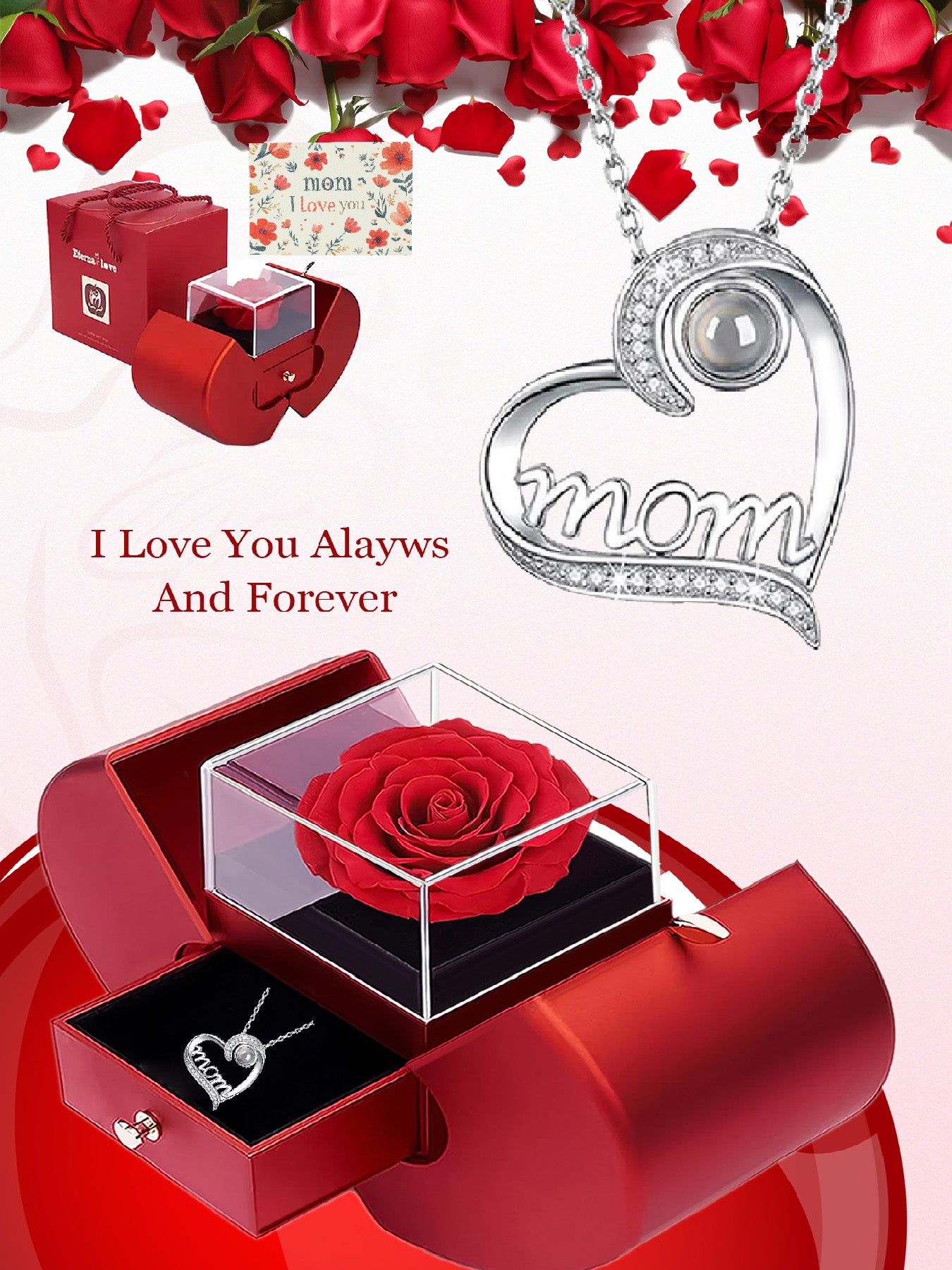 Love projection necklace in one hundred languages with apple rose gift box, women's mother necklace, Mother's Day gift, holiday gift for mother and grandmother, anniversary gift, gift for wife, Mother's Day gift for mother, birthday gift for women