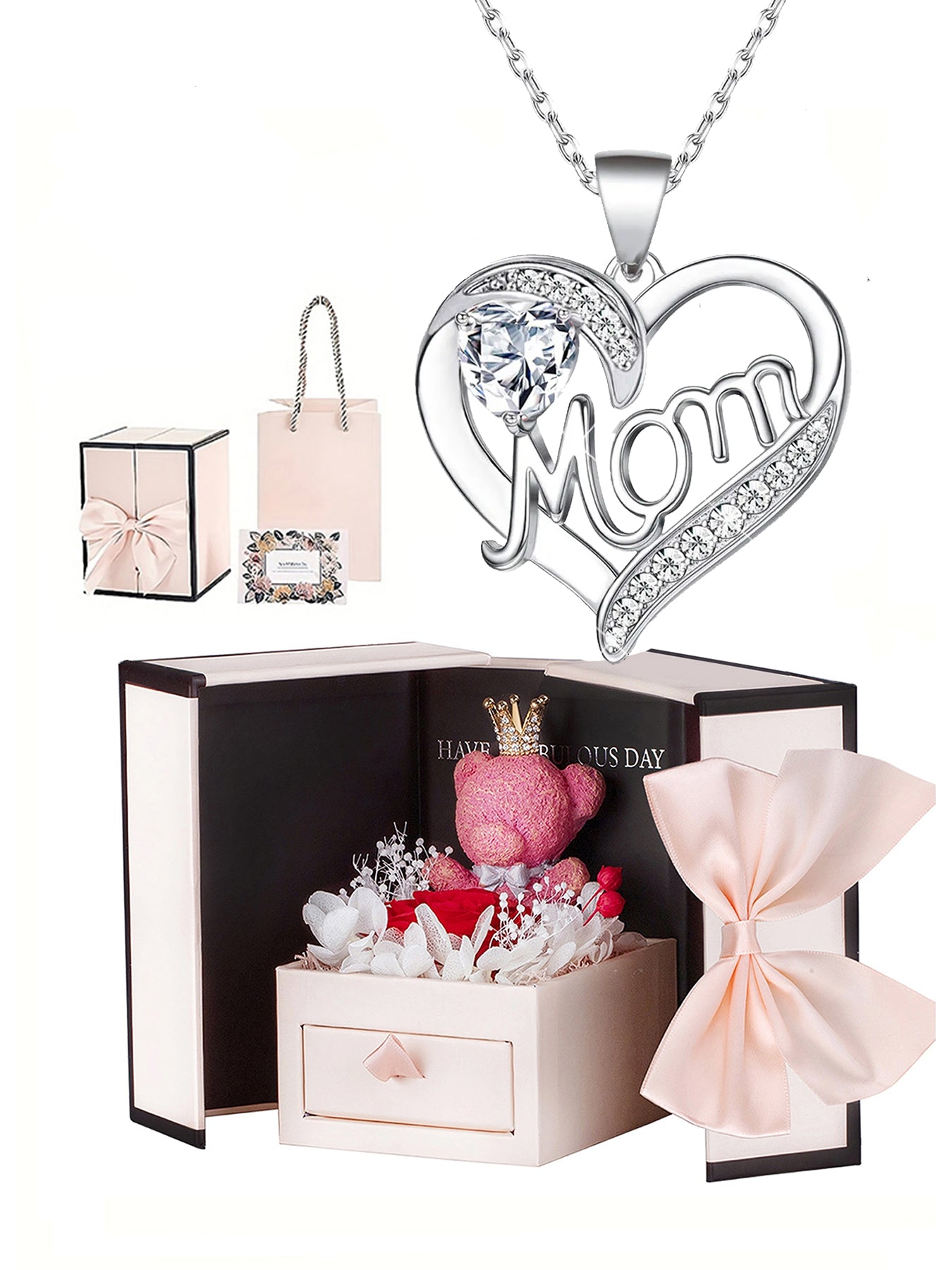 Unique double heart love pendant necklace with bear rose gift box, women's mother necklace, women's rose gift box necklace, Mother's Day gift, holiday gift for mother and grandmother, gift for wife, Mother's Day gift for mother, jewelry birthday gift for
