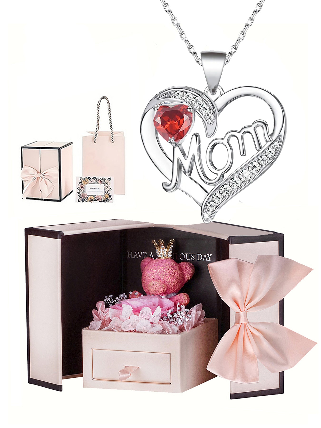 Unique double heart love pendant necklace with bear rose gift box, women's mother necklace, women's rose gift box necklace, Mother's Day gift, holiday gift for mother and grandmother, gift for wife, Mother's Day gift for mother, jewelry birthday gift for