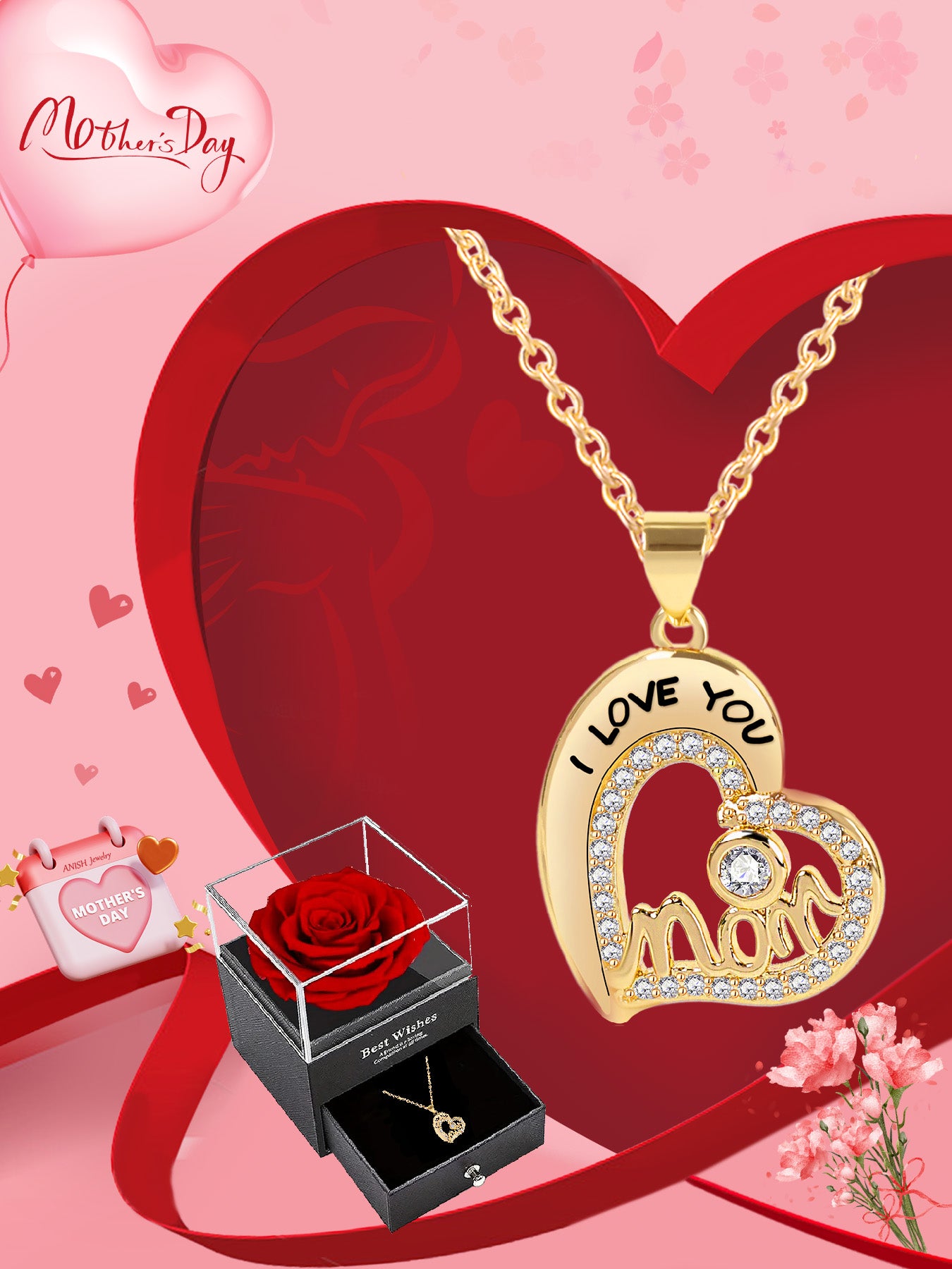 Unique love pendant necklace design with romantic rose gift box, mother's holiday gift, mother women's necklace, women's holiday gift, party fashion jewelry, Valentine's Day Thanksgiving anniversary gift, women's jewelry gift, gift for girlfriend mother w