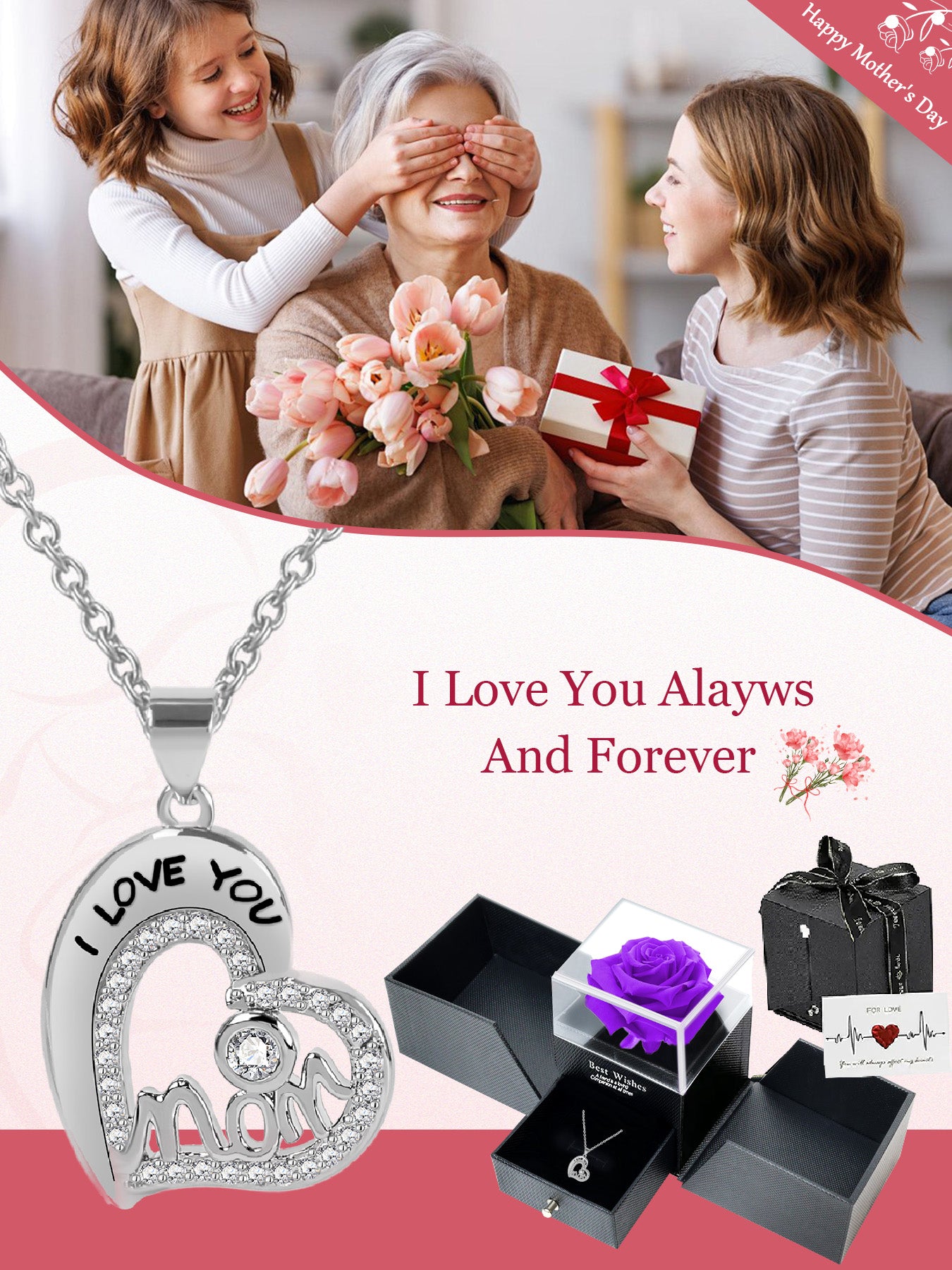 Simple and unique love necklace design with eternal rose gift box, mother's holiday gift, mother women's necklace, female holiday gift, party fashion jewelry, Valentine's Day Thanksgiving anniversary gift, women's jewelry gift, gift for girlfriend mother