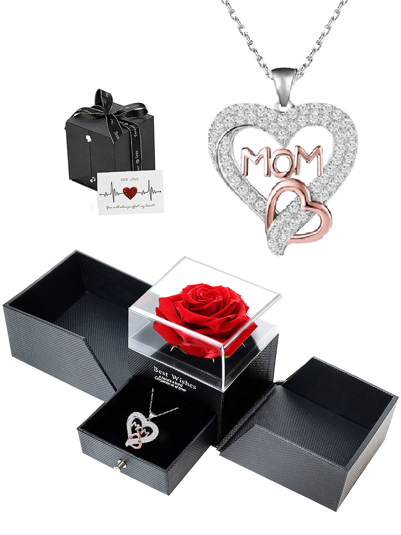 Romantic double heart necklace with double door rose gift box, holiday gift for mom, grandma, grandmother, holiday gift for family on Mother's Day, daily holiday gift, Christmas, Thanksgiving, Valentine's Day, anniversary gift, women's necklace, women's j
