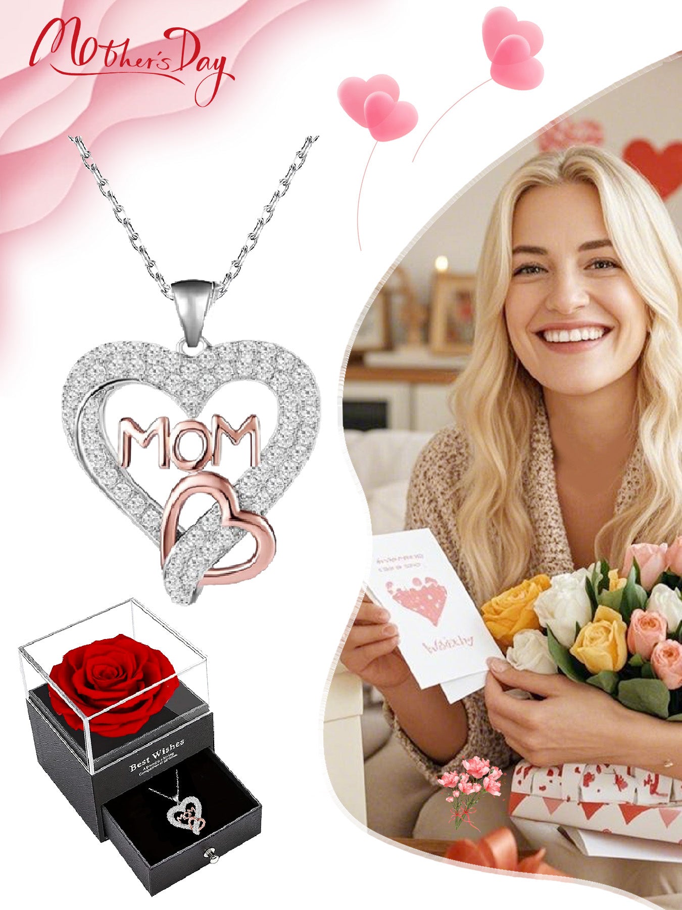 Romantic double heart necklace with rose gift box, holiday gift for mom, grandma, grandmother, holiday gift for family on Mother's Day, daily holiday gift, Christmas, Thanksgiving, Valentine's Day, anniversary gift, women's necklace, women's jewelry gift,