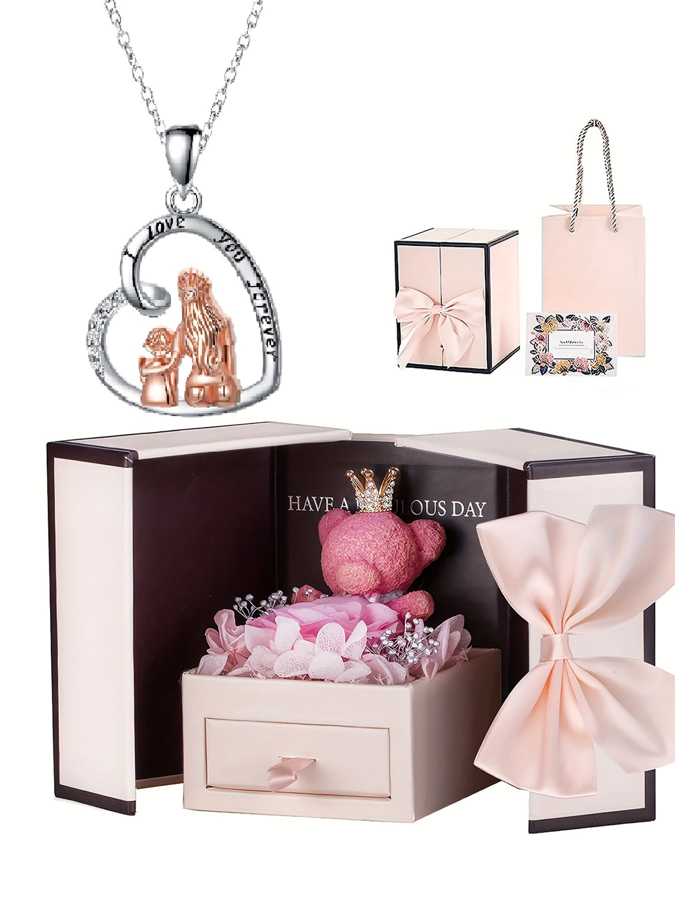Unique design heart shaped necklace with rose bear gift box, women's pendant necklace, women's jewelry gift, women's necklace for mother's day, anniversary gift for mom grandma, mother's day gift, party fashion jewelry, mom women's necklace, anniversary g