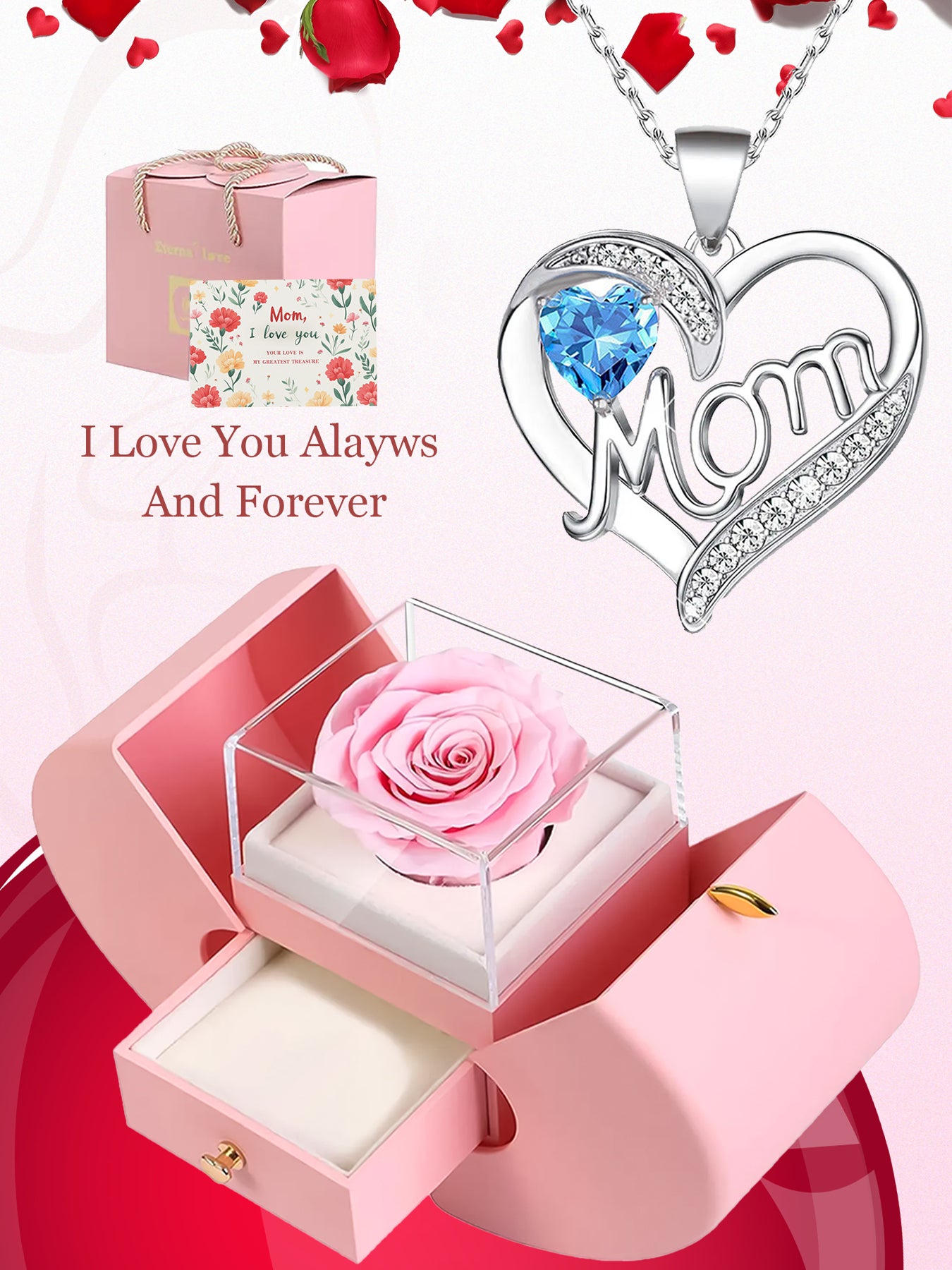 Fashionable design double heart love pendant necklace with apple rose gift box, women's mother necklace, women's rose gift box necklace, Mother's Day gift, holiday gift for mother and grandmother, gift for wife, Mother's Day gift for mother, jewelry birth