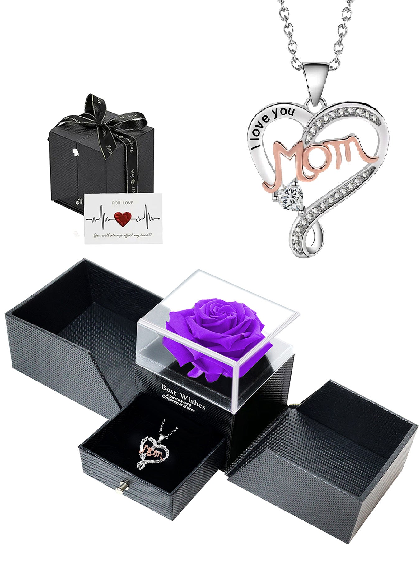 Mom style double heart necklace with eternal rose gift box, women's pendant necklace, women's jewelry gifts, mother's day women's necklace, anniversary gifts for mom and grandma, mother's day gifts, party fashion jewelry, mom women's necklace, anniversary