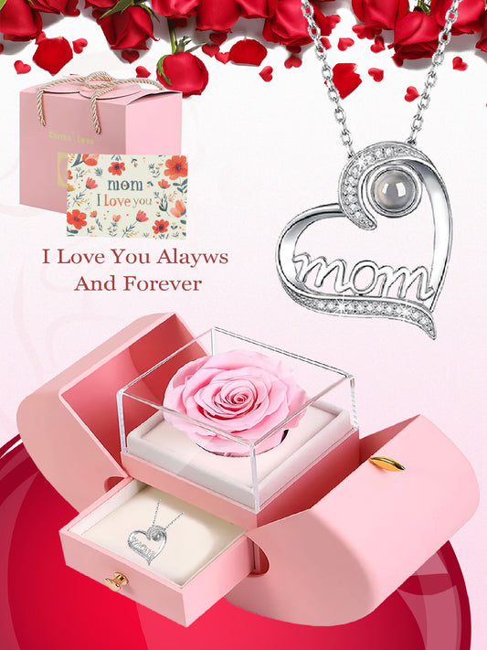 Love projection necklace in one hundred languages with apple rose gift box, women's mother necklace, Mother's Day gift, holiday gift for mother and grandmother, anniversary gift, gift for wife, Mother's Day gift for mother, birthday gift for women