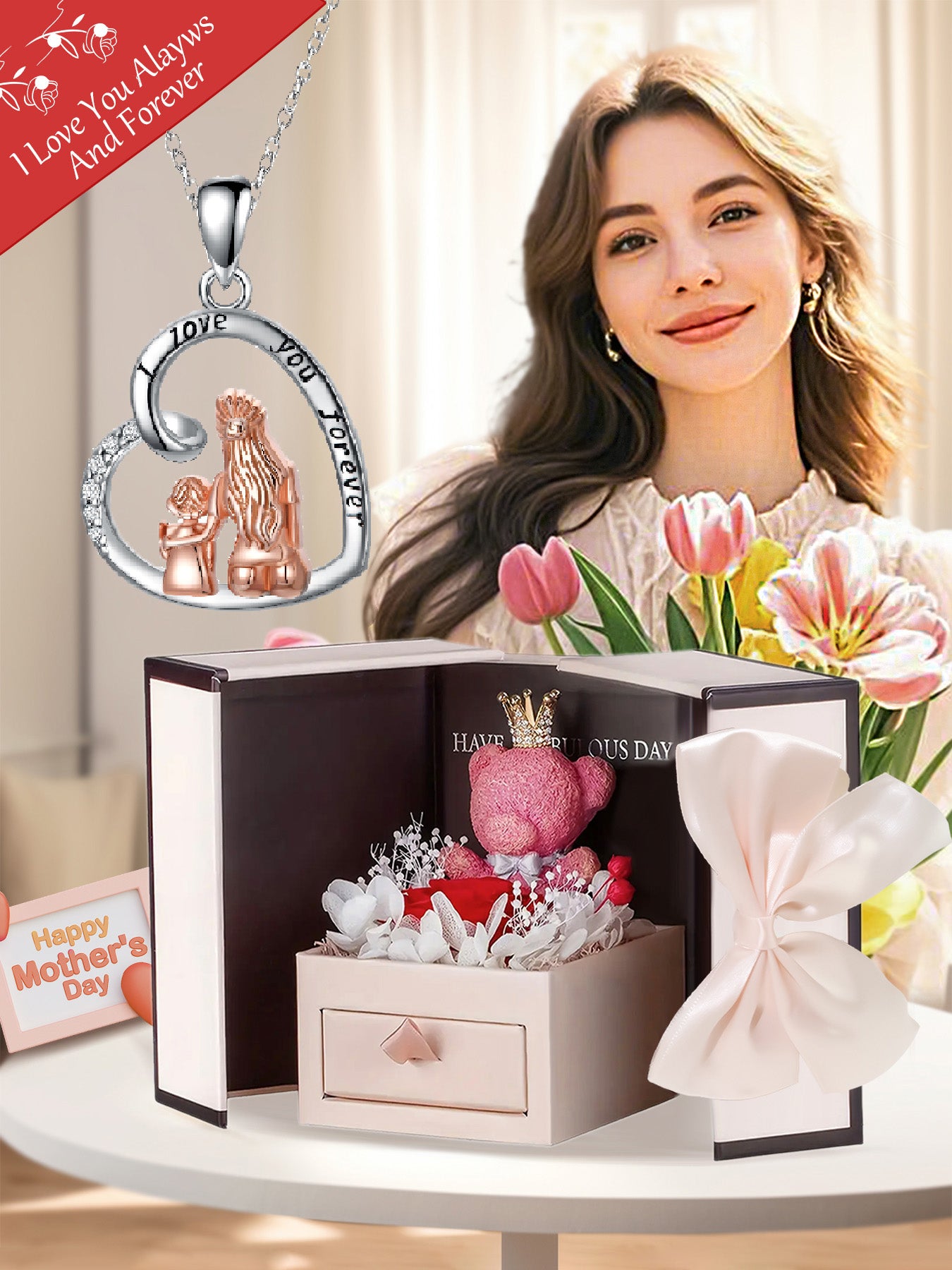 Unique design heart shaped necklace with rose bear gift box, women's pendant necklace, women's jewelry gift, women's necklace for mother's day, anniversary gift for mom grandma, mother's day gift, party fashion jewelry, mom women's necklace, anniversary g