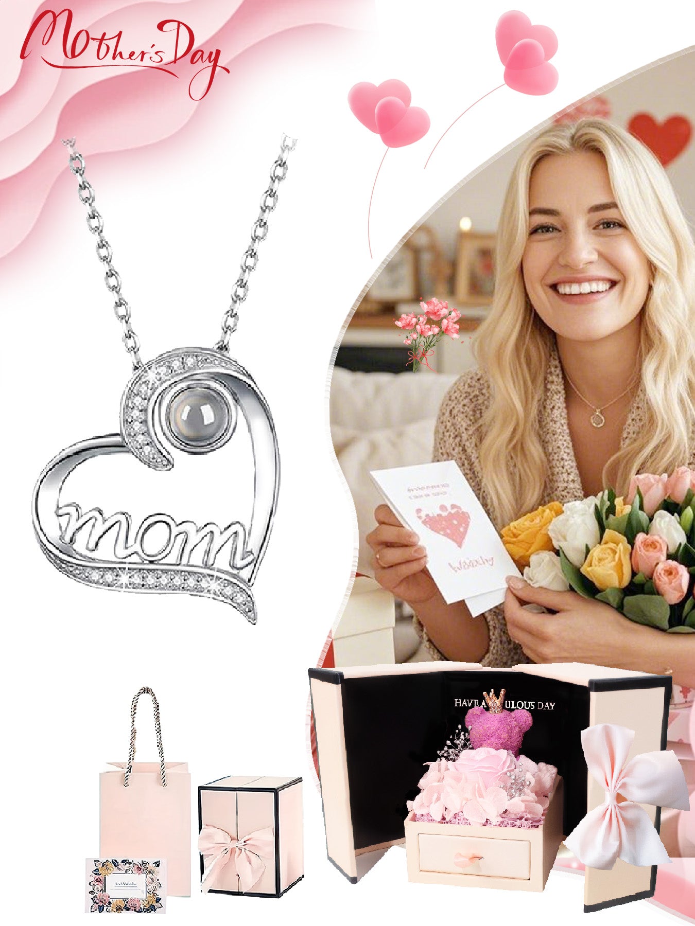 Love projection necklace in one hundred languages with bear rose gift box, women's mother mother and daughter necklace, Mother's Day gift, holiday gift for mother and grandmother, anniversary gift, gift for wife, Mother's Day gift for mother, birthday g