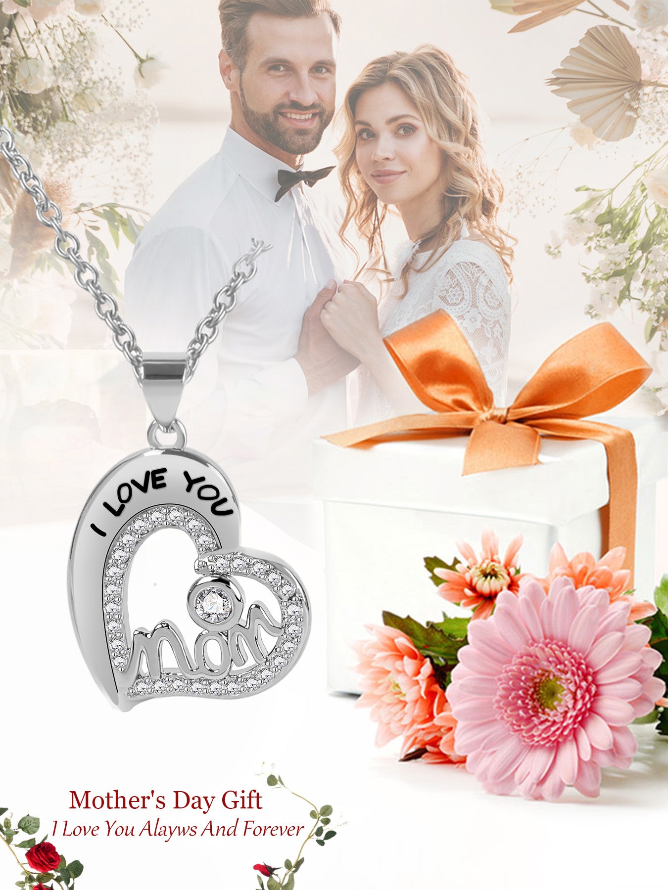 Unique love pendant necklace design with romantic rose gift box, mother's holiday gift, mother women's necklace, women's holiday gift, party fashion jewelry, Valentine's Day Thanksgiving anniversary gift, women's jewelry gift, gift for girlfriend mother w