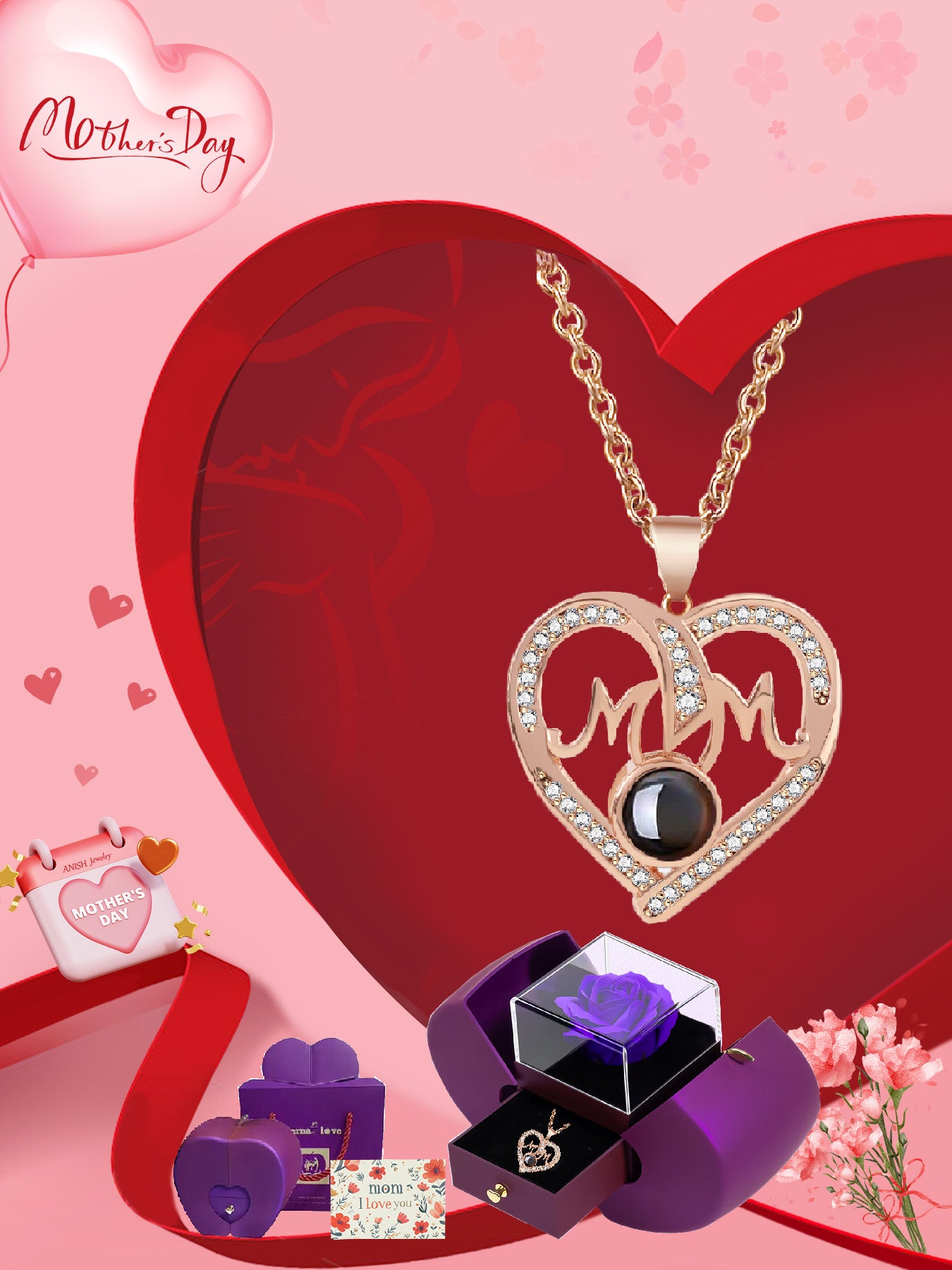 Love unique mom style projection necklace with one hundred languages matched with apple rose gift box, anniversary gift for mom and grandma, Mother's Day gift, daily holiday gift, gift for mom and wife, women's jewelry gift, Valentine's Day Christmas