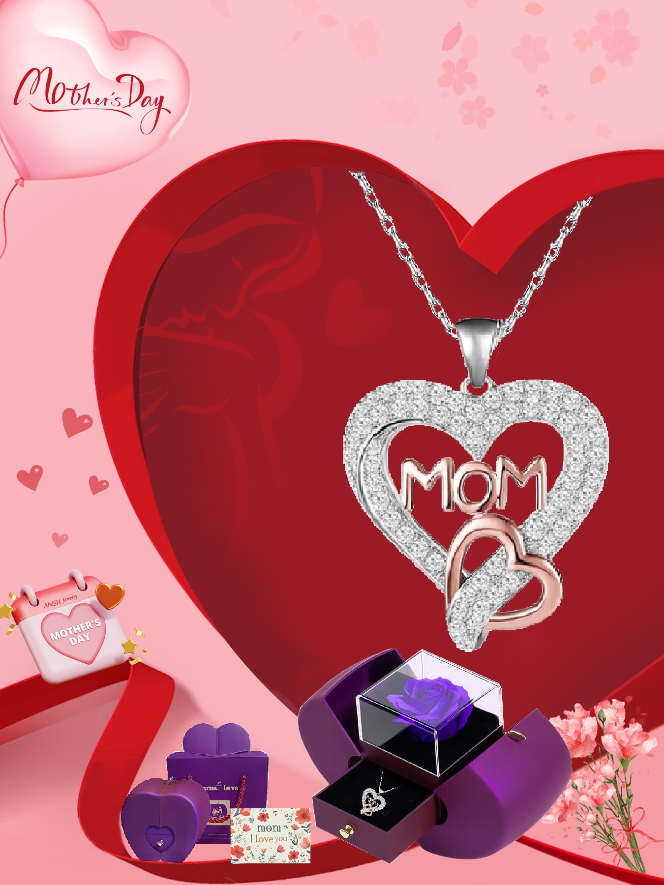 Design double heart necklace with apple rose gift box, holiday gift for mom, grandma, grandmother, holiday gift for family on Mother's Day, daily holiday gift, Christmas, Thanksgiving, Valentine's Day, anniversary gift, women's necklace, women's jewelry g