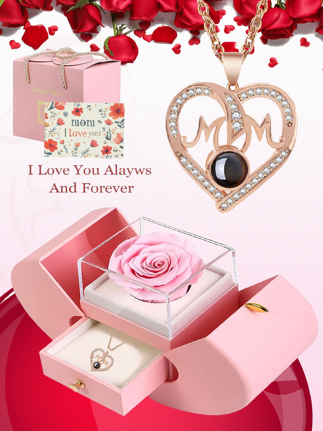 Love unique mom style projection necklace with one hundred languages matched with apple rose gift box, anniversary gift for mom and grandma, Mother's Day gift, daily holiday gift, gift for mom and wife, women's jewelry gift, Valentine's Day Christmas