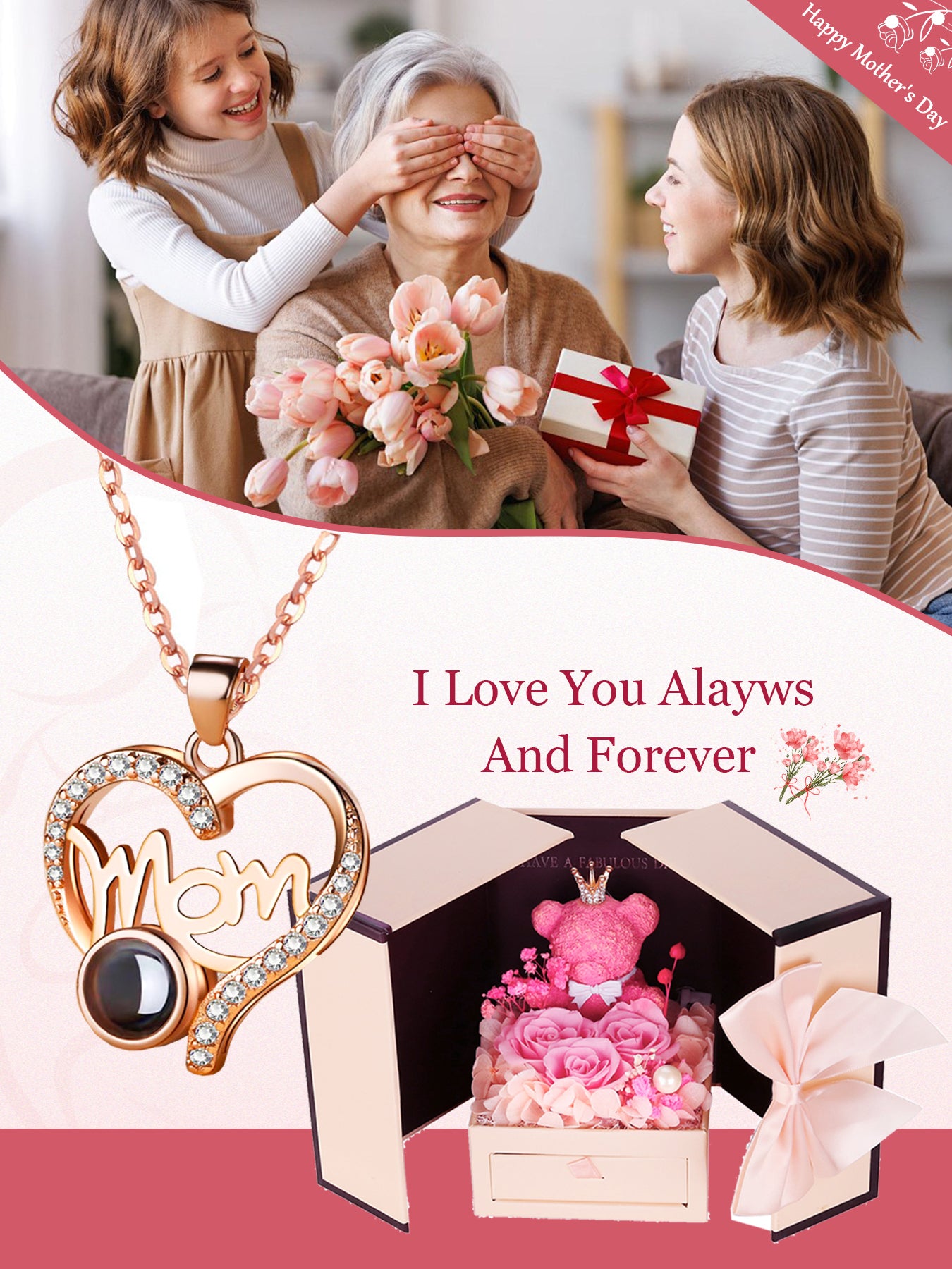 Mother's Day Gift Rose Bear Gift Box Set Gifts for Mom from Son and Daughter 100 I Love You Projection Necklace Mom Necklace Love Pendant Christmas Gift Mother's Day Valentine's Day
