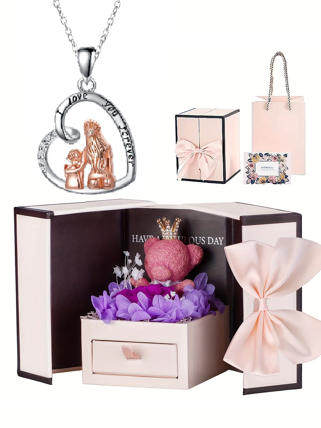 Unique design heart shaped necklace with rose bear gift box, women's pendant necklace, women's jewelry gift, women's necklace for mother's day, anniversary gift for mom grandma, mother's day gift, party fashion jewelry, mom women's necklace, anniversary g