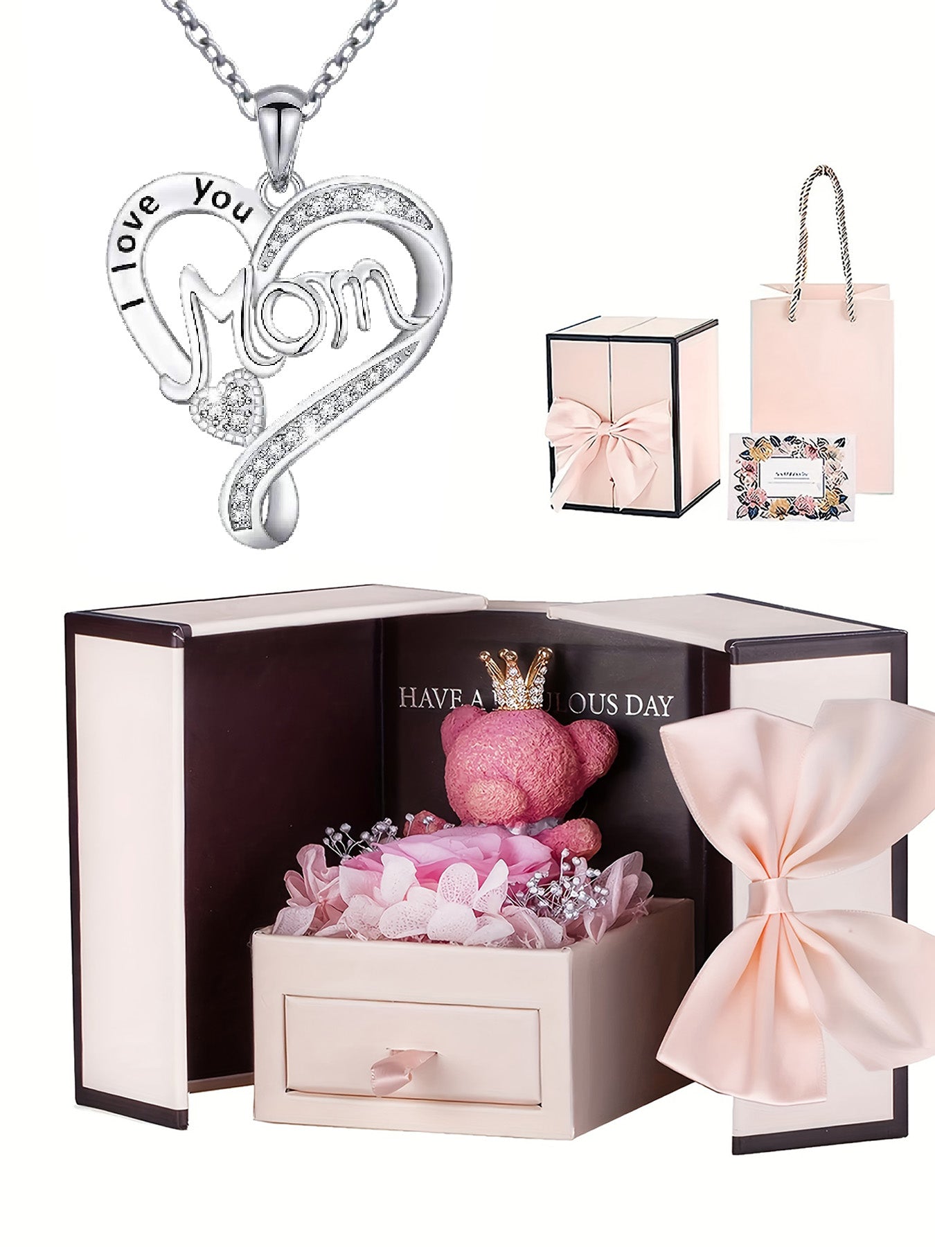 mom unique double heart necklace with romantic rose bear gift box, women's pendant necklace, women's jewelry gifts, mother's day women's necklace, anniversary gifts for mom and grandma, mother's day gifts, party fashion jewelry, mom women's necklace, anni