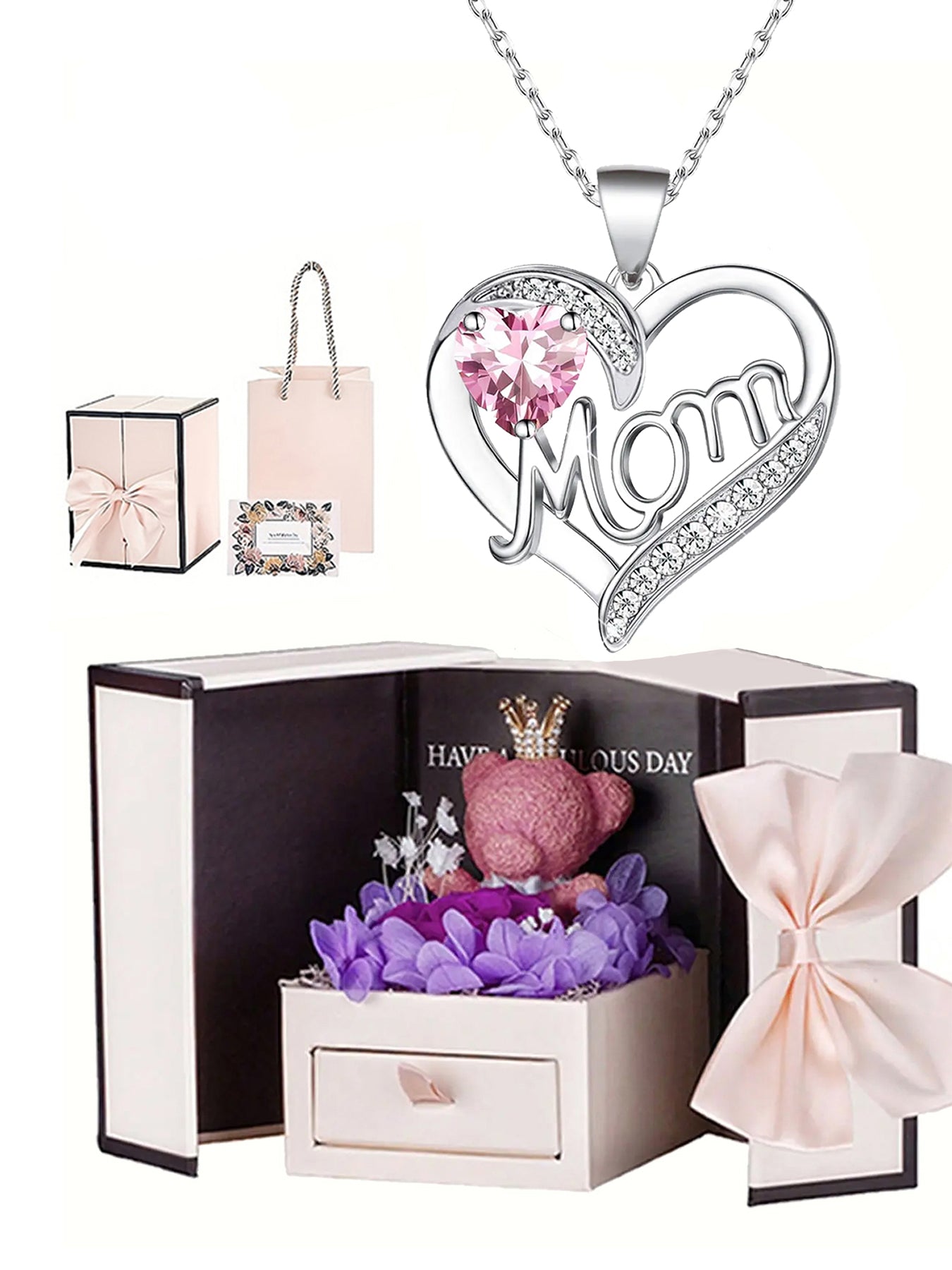 Unique double heart love pendant necklace with bear rose gift box, women's mother necklace, women's rose gift box necklace, Mother's Day gift, holiday gift for mother and grandmother, gift for wife, Mother's Day gift for mother, jewelry birthday gift for