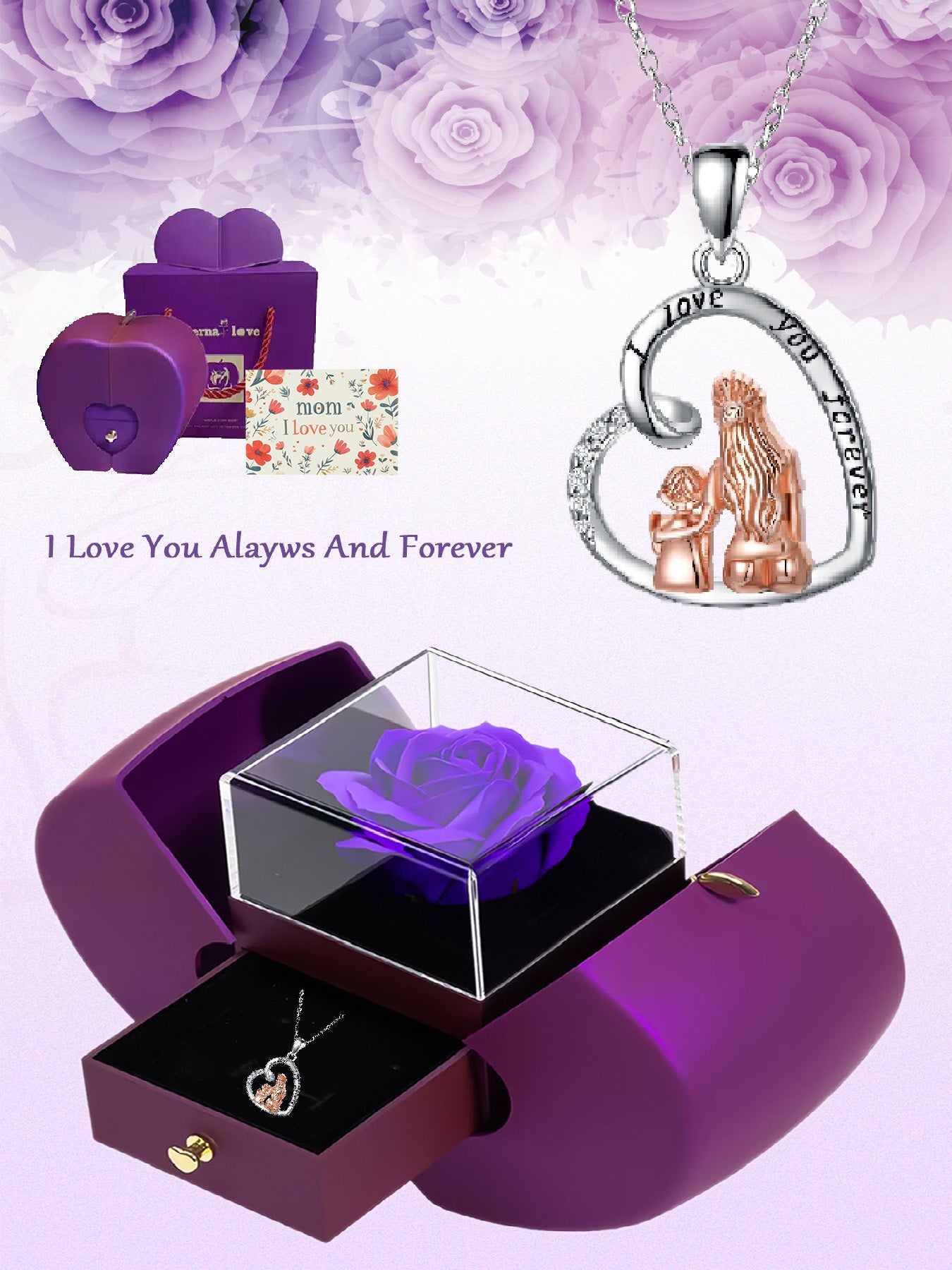 Unique love heart shaped necklace with romantic rose apple gift box, women's pendant necklace, women's jewelry gift, mother's day women's necklace, anniversary gift for mom and grandma, mother's day gift, party fashion jewelry, mother's necklace, annivers