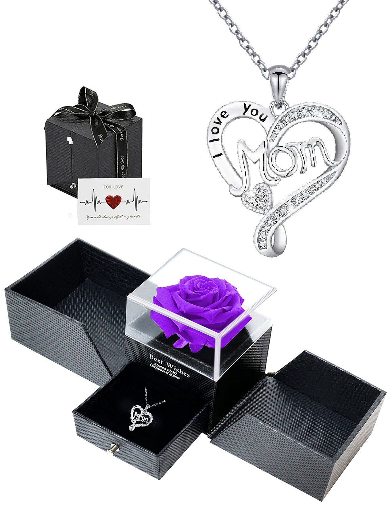 Mom style double heart necklace with eternal rose gift box, women's pendant necklace, women's jewelry gifts, mother's day women's necklace, anniversary gifts for mom and grandma, mother's day gifts, party fashion jewelry, mom women's necklace, anniversary